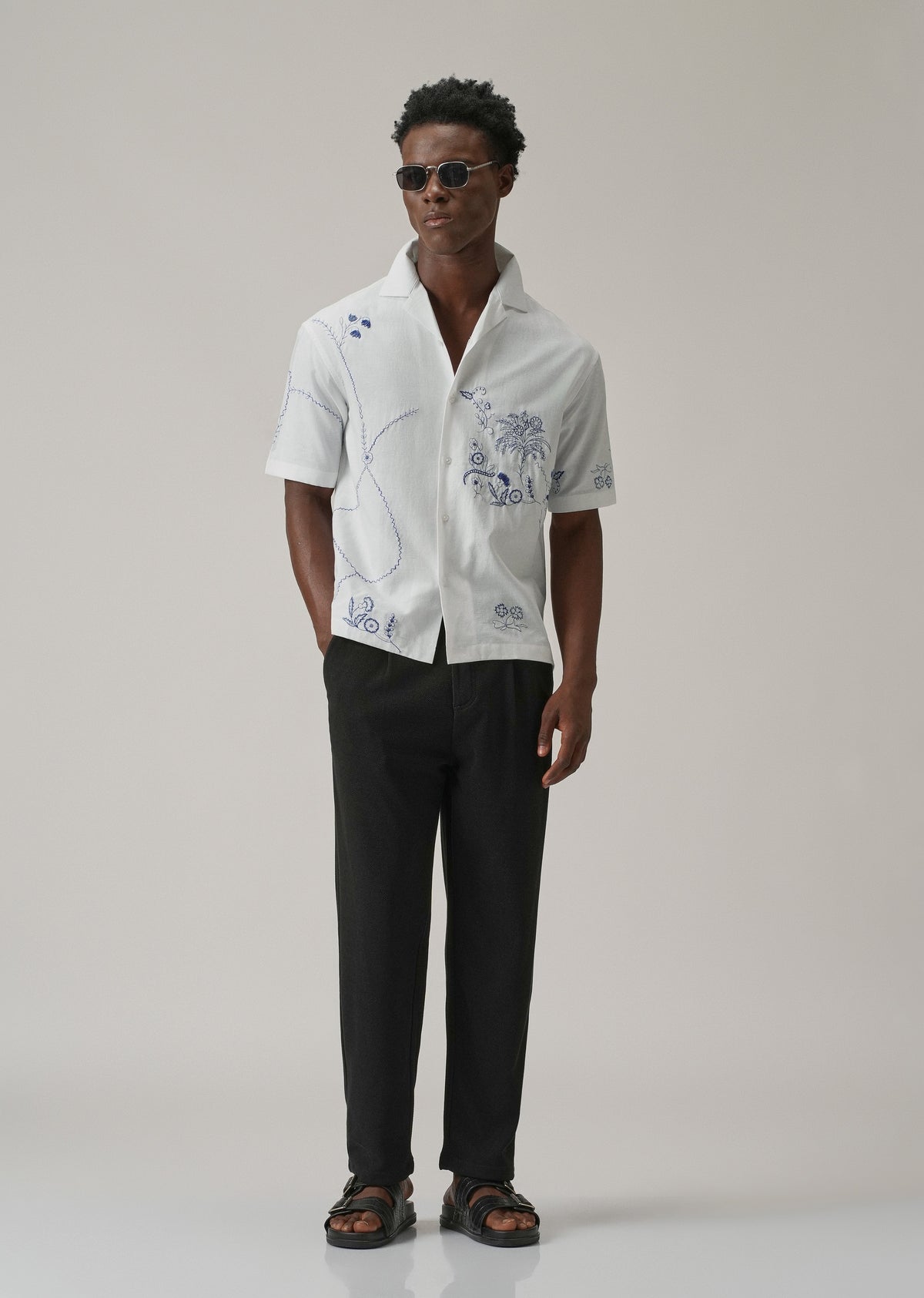 Blue Floral Embroidery Linen Shirt