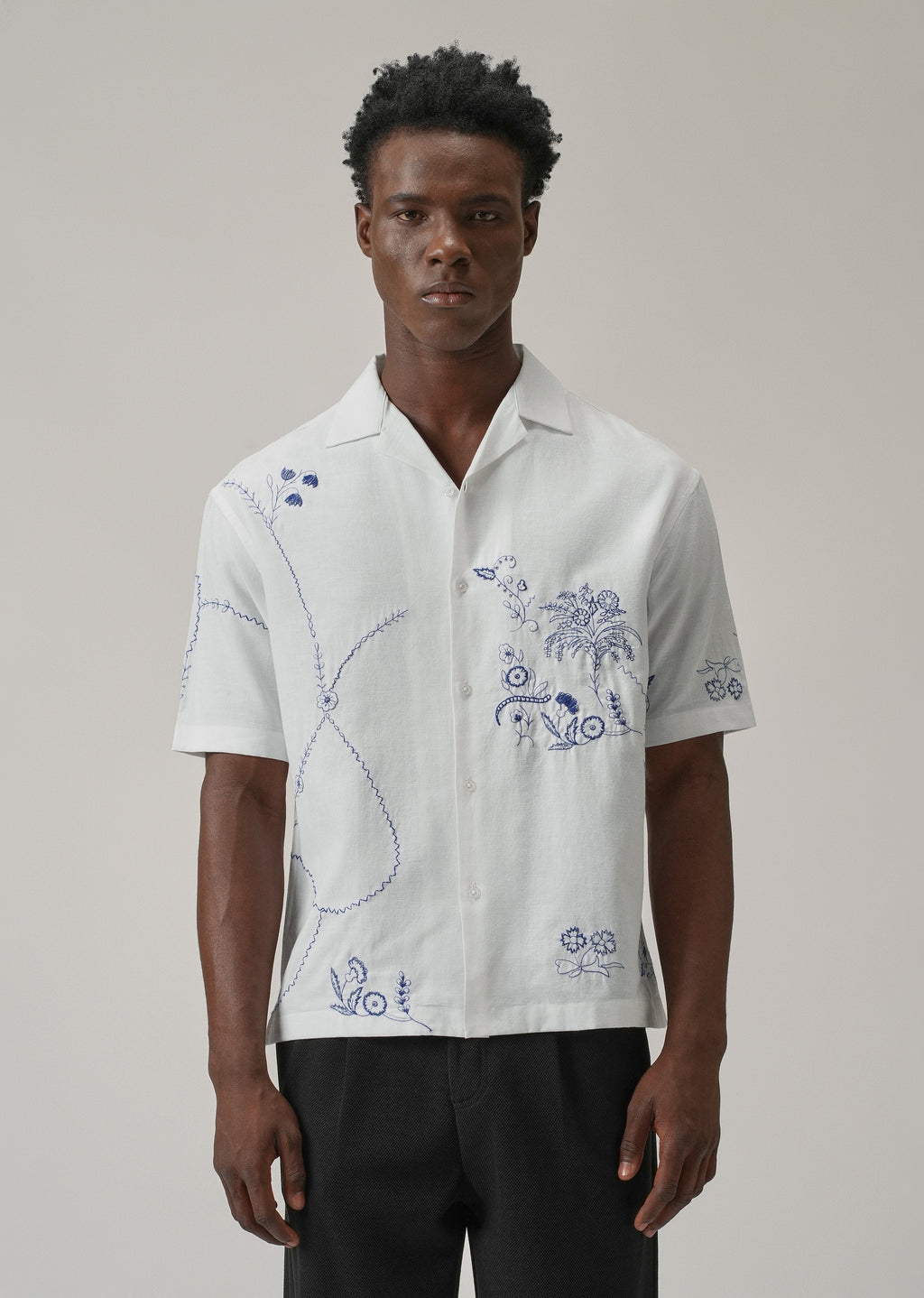 Blue Floral Embroidery Linen Shirt