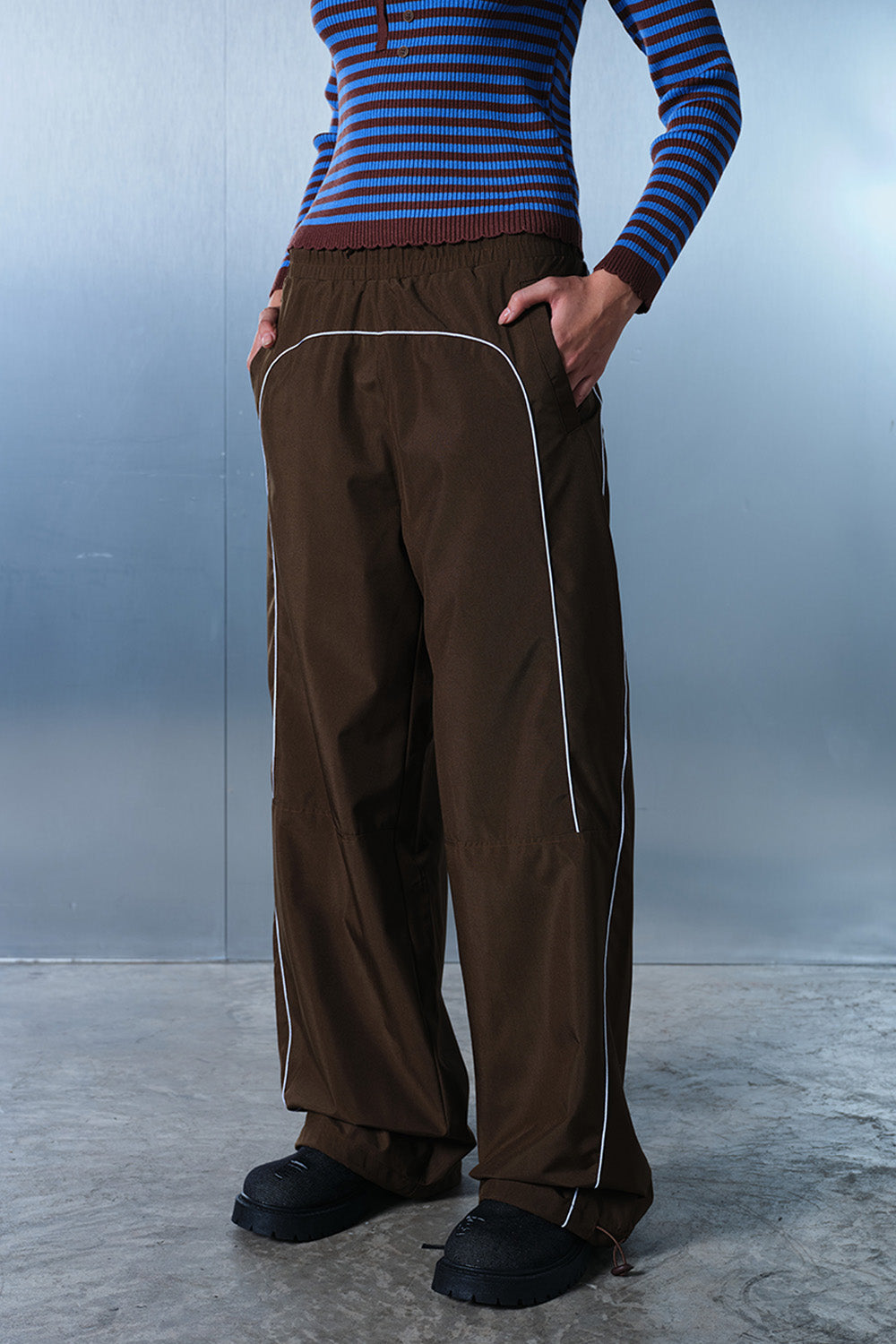 Tan Brown Sporty Deconstructed Loose Pants JG67
