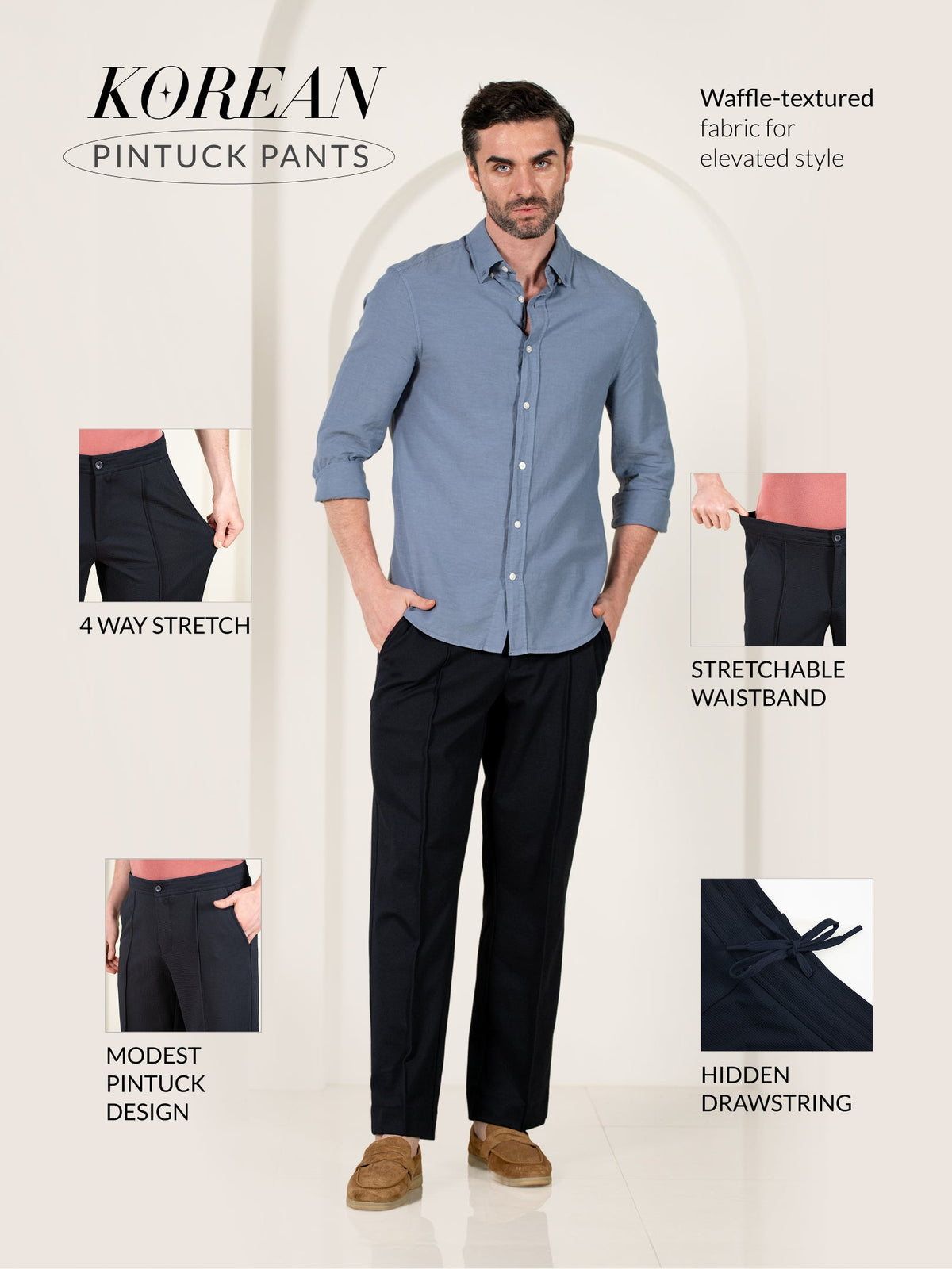 Brooke Navy Relaxed Fit Power Stretch Korean Pintuck Pants