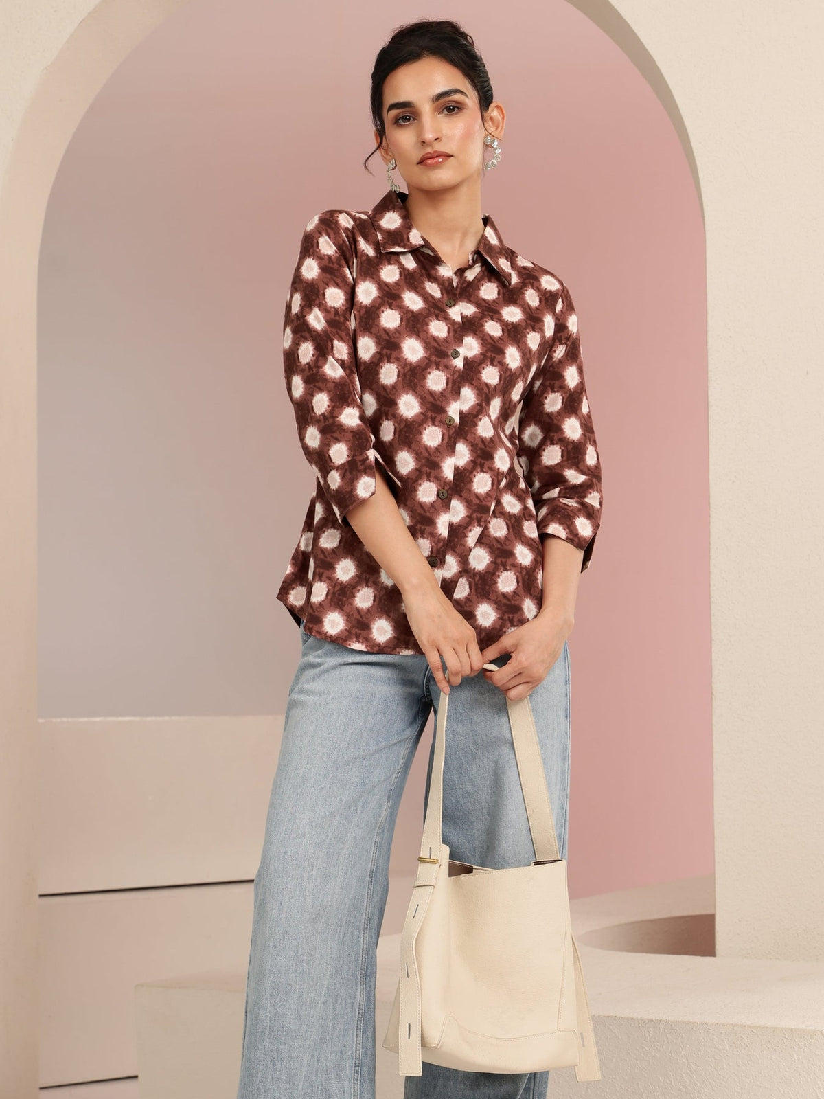 Libas Brown Ikat Dot Printed Cotton Shirt K60