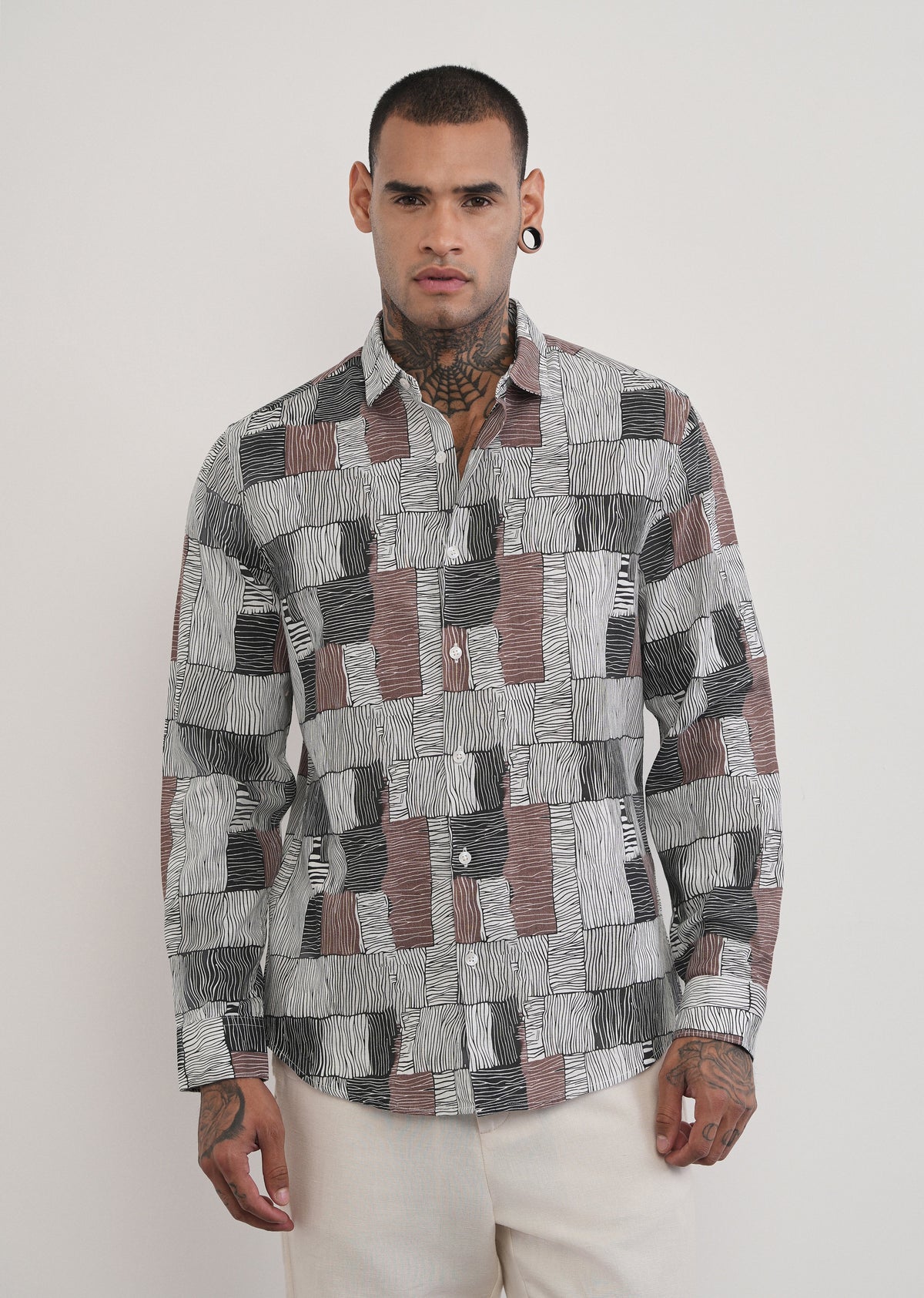 Brown Abstract Print Cotton Linen Shirt