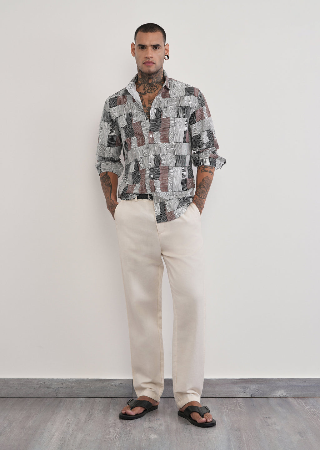 Brown Abstract Print Cotton Linen Shirt