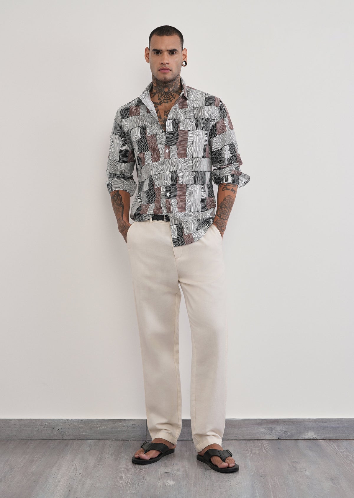 Brown Abstract Print Cotton Linen Shirt