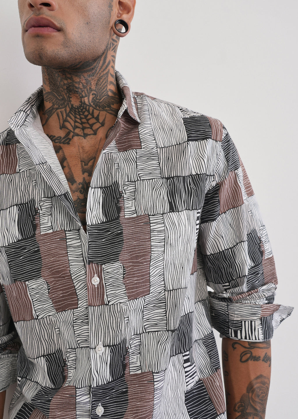Brown Abstract Print Cotton Linen Shirt