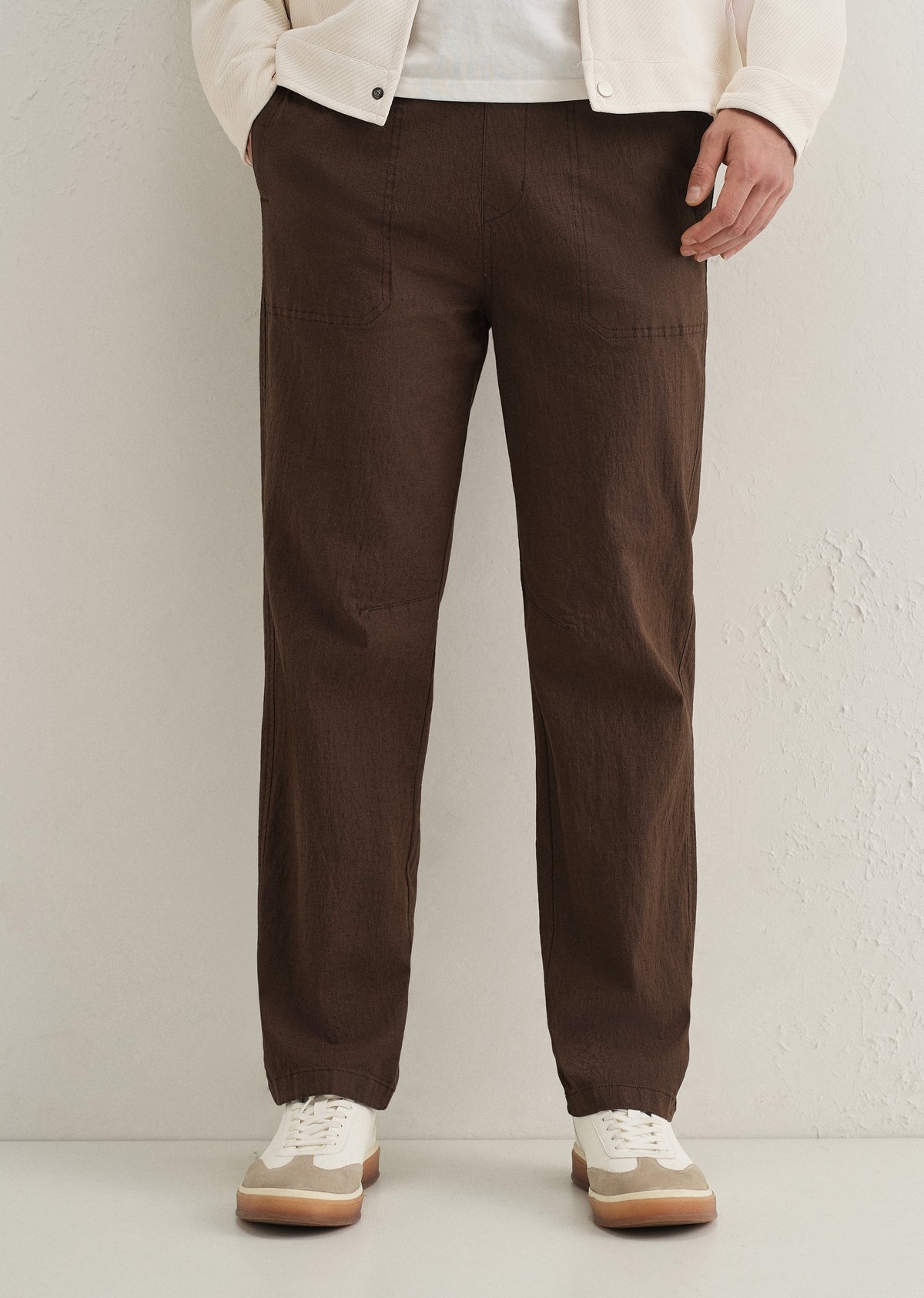 Brown Drawstring Cotton Linen Pant