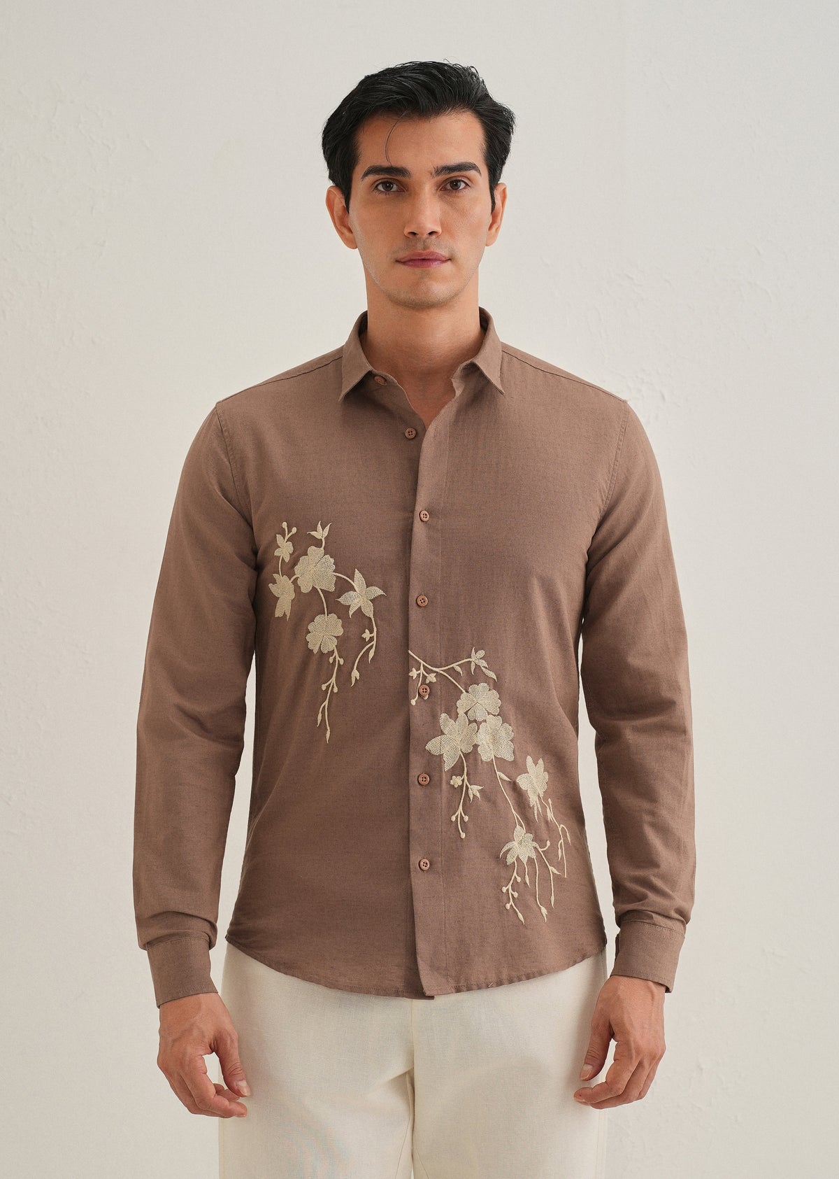 Brown Floral Embroidered Regular Fit Shirt