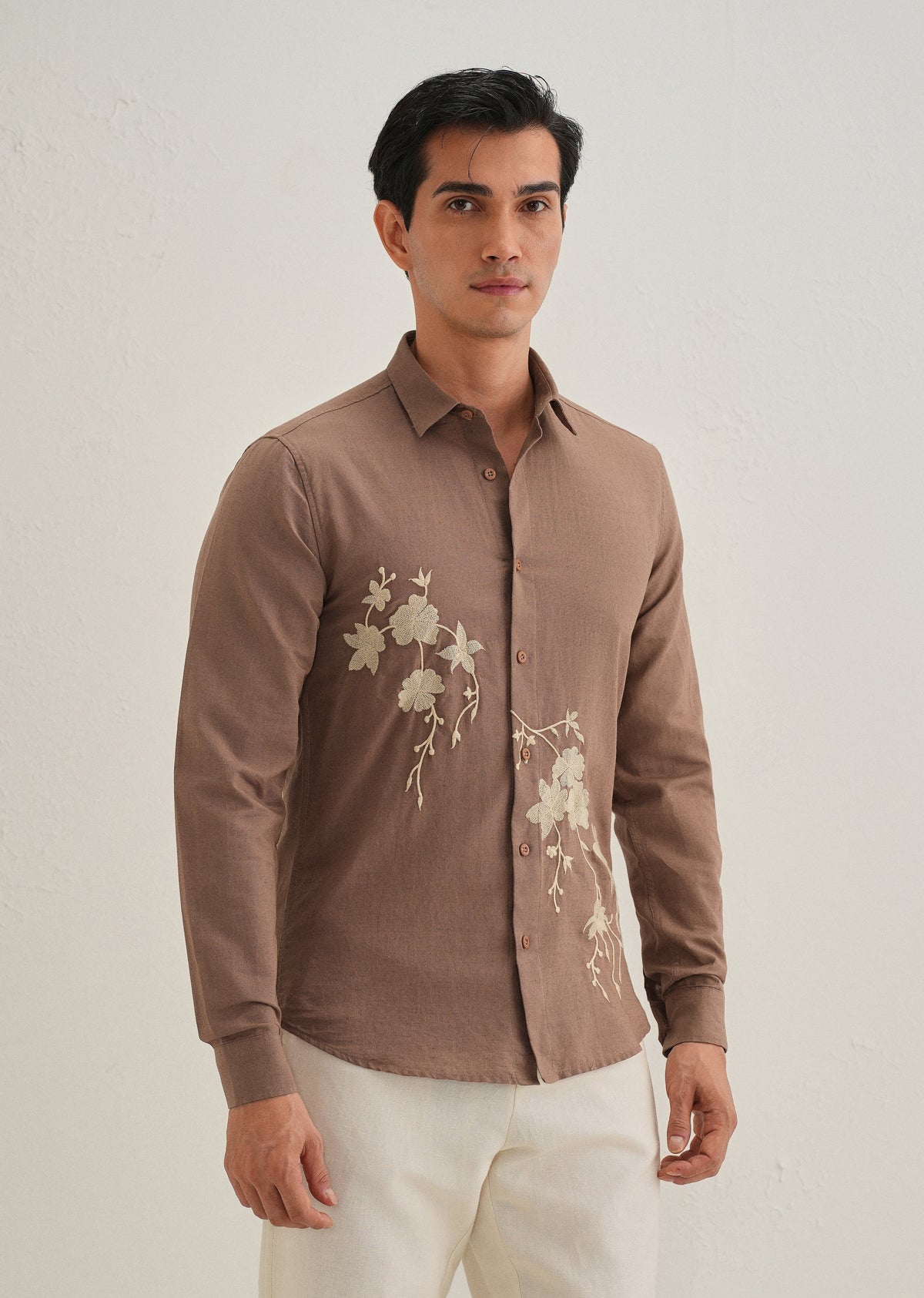 Brown Floral Embroidered Regular Fit Shirt