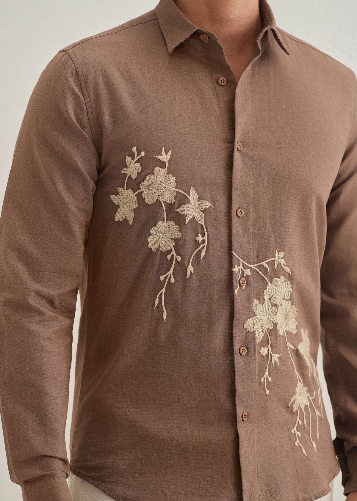Brown Floral Embroidered Regular Fit Shirt