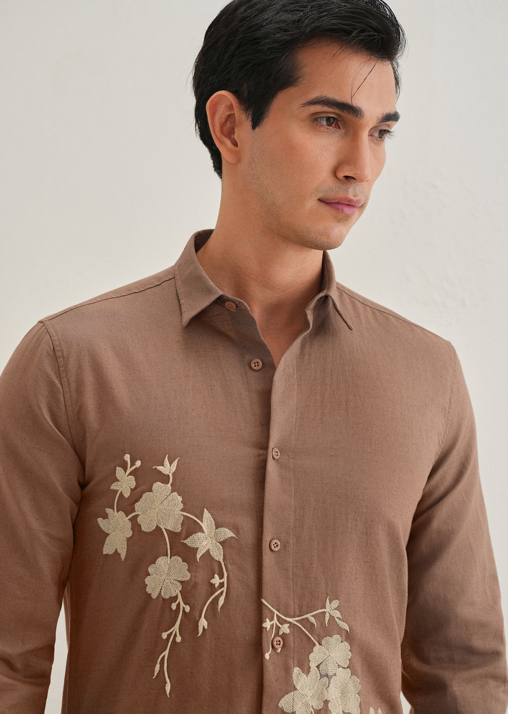 Brown Floral Embroidered Regular Fit Shirt