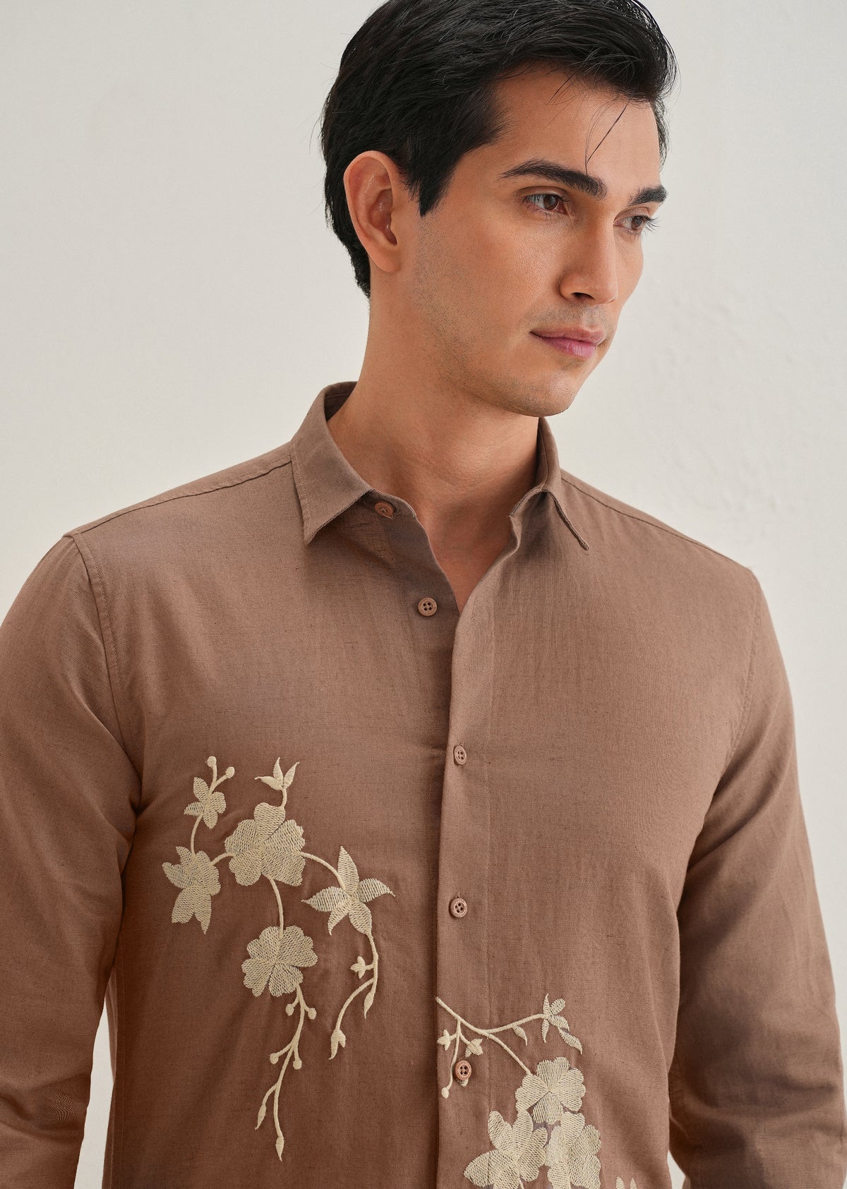 Brown Floral Embroidered Regular Fit Shirt