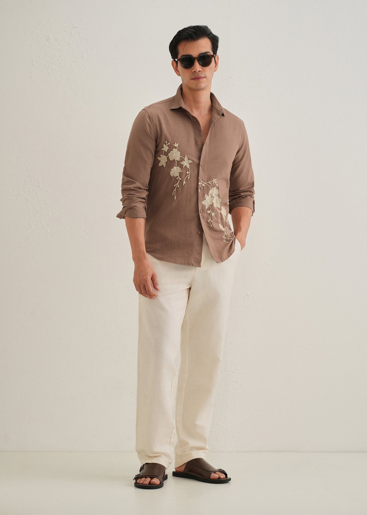 Brown Floral Embroidered Regular Fit Shirt