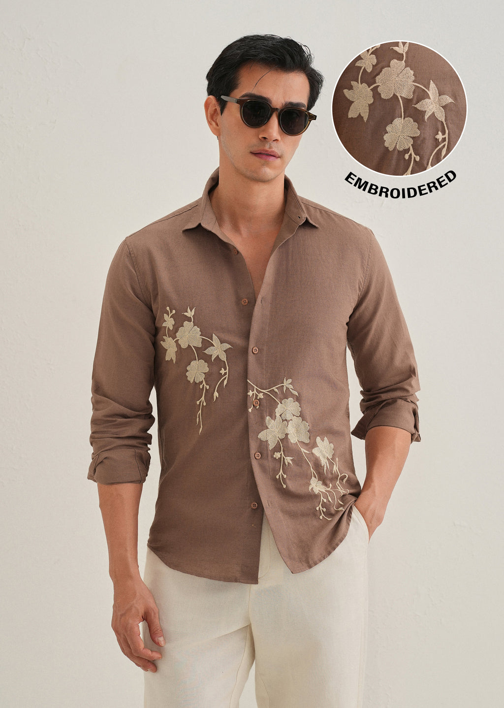 Brown Floral Embroidered Regular Fit Shirt