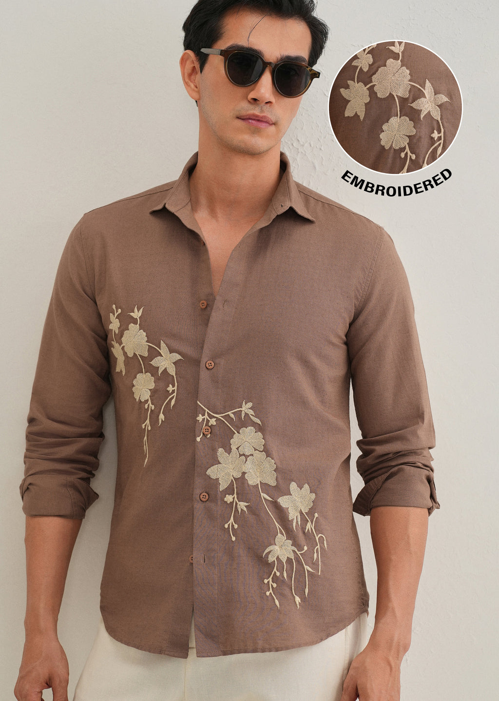 Brown Floral Embroidered Regular Fit Shirt