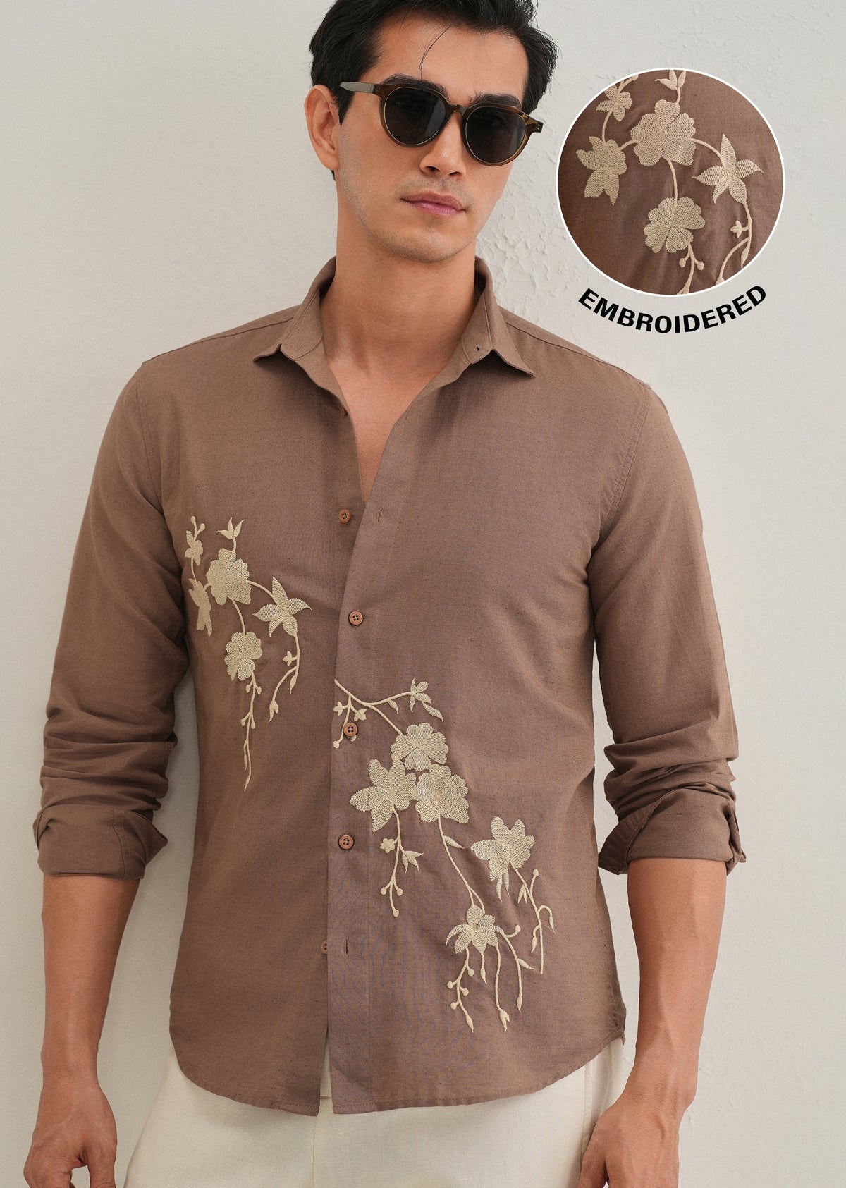 Brown Floral Embroidered Regular Fit Shirt