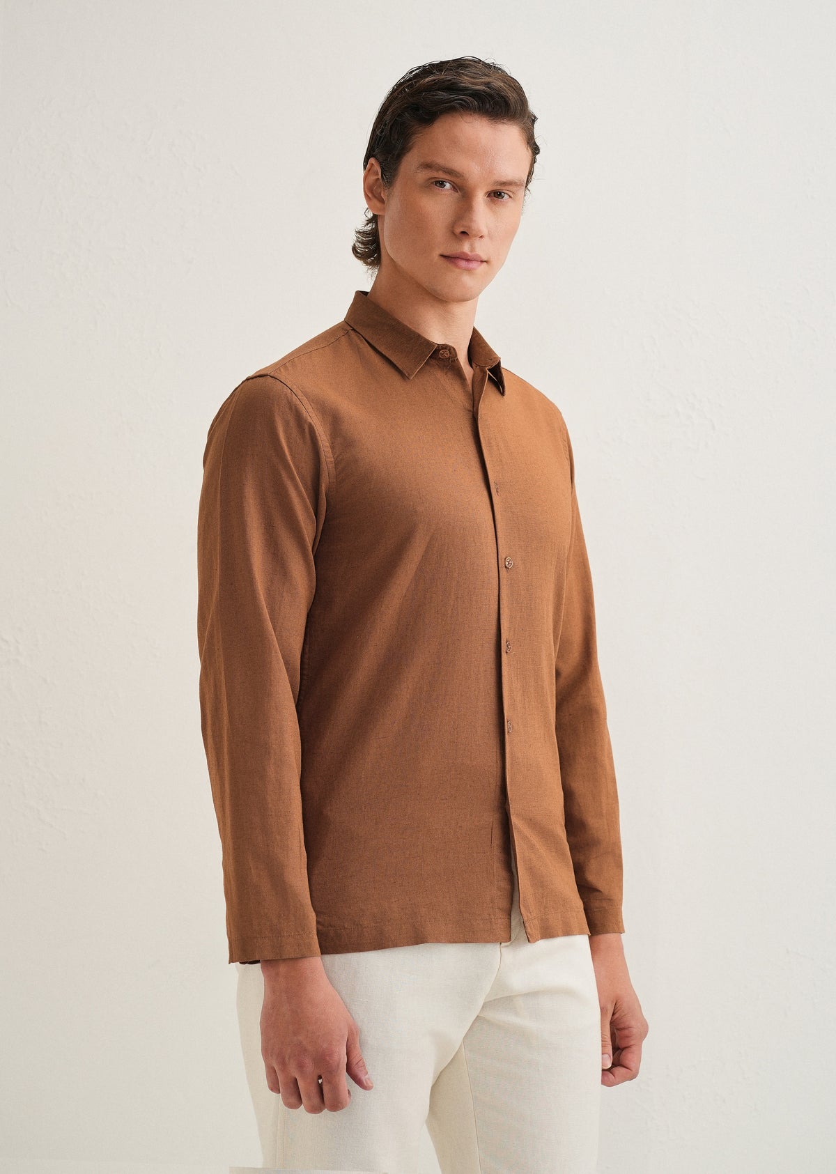 Terracotta Brown Hidden Sleeve Placket Cotton Linen Shirt