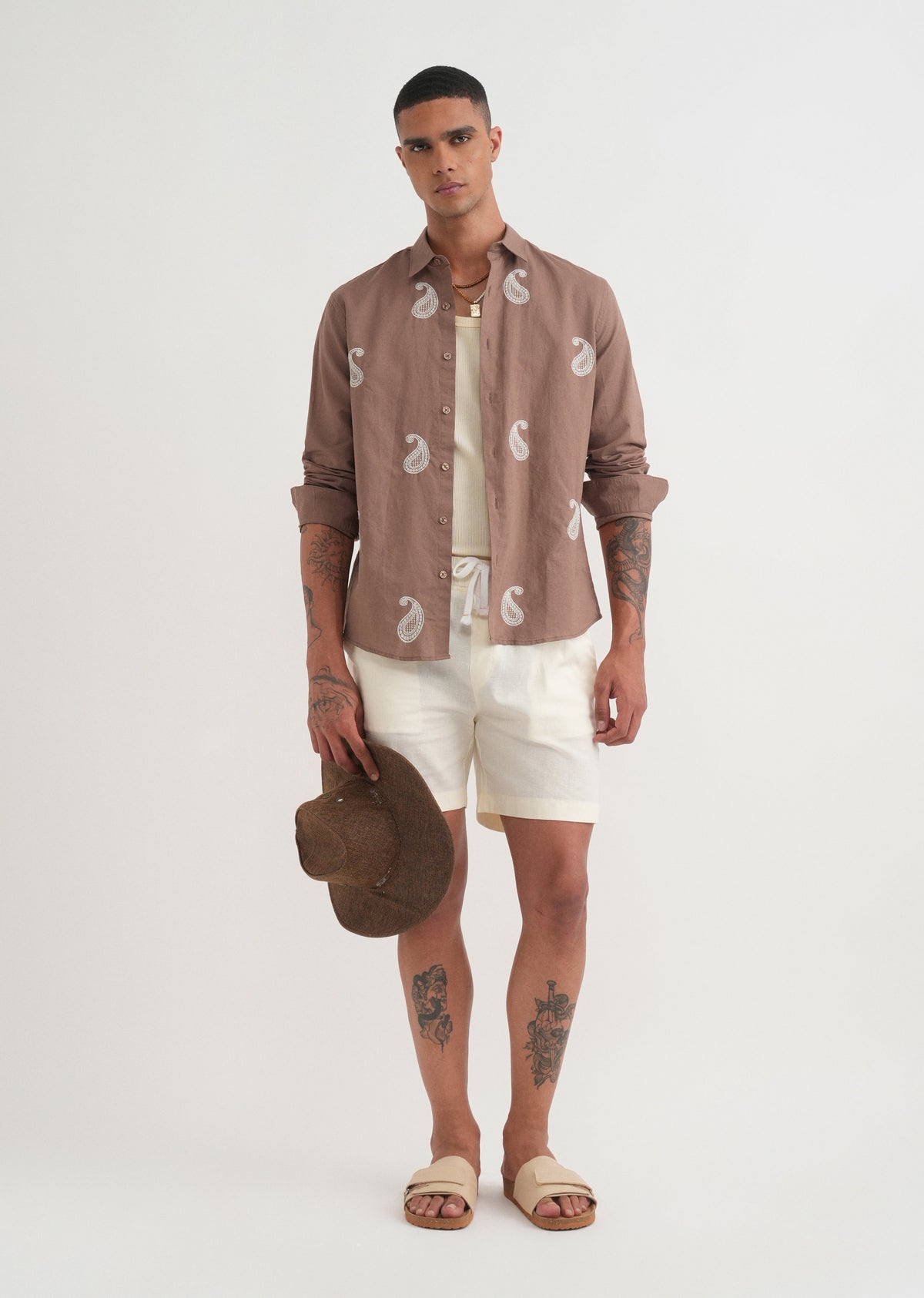 Brown Paisley Embroidery Shirt