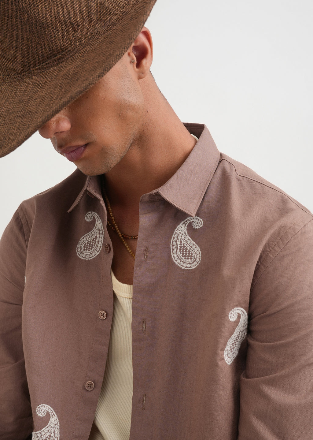 Brown Paisley Embroidery Shirt