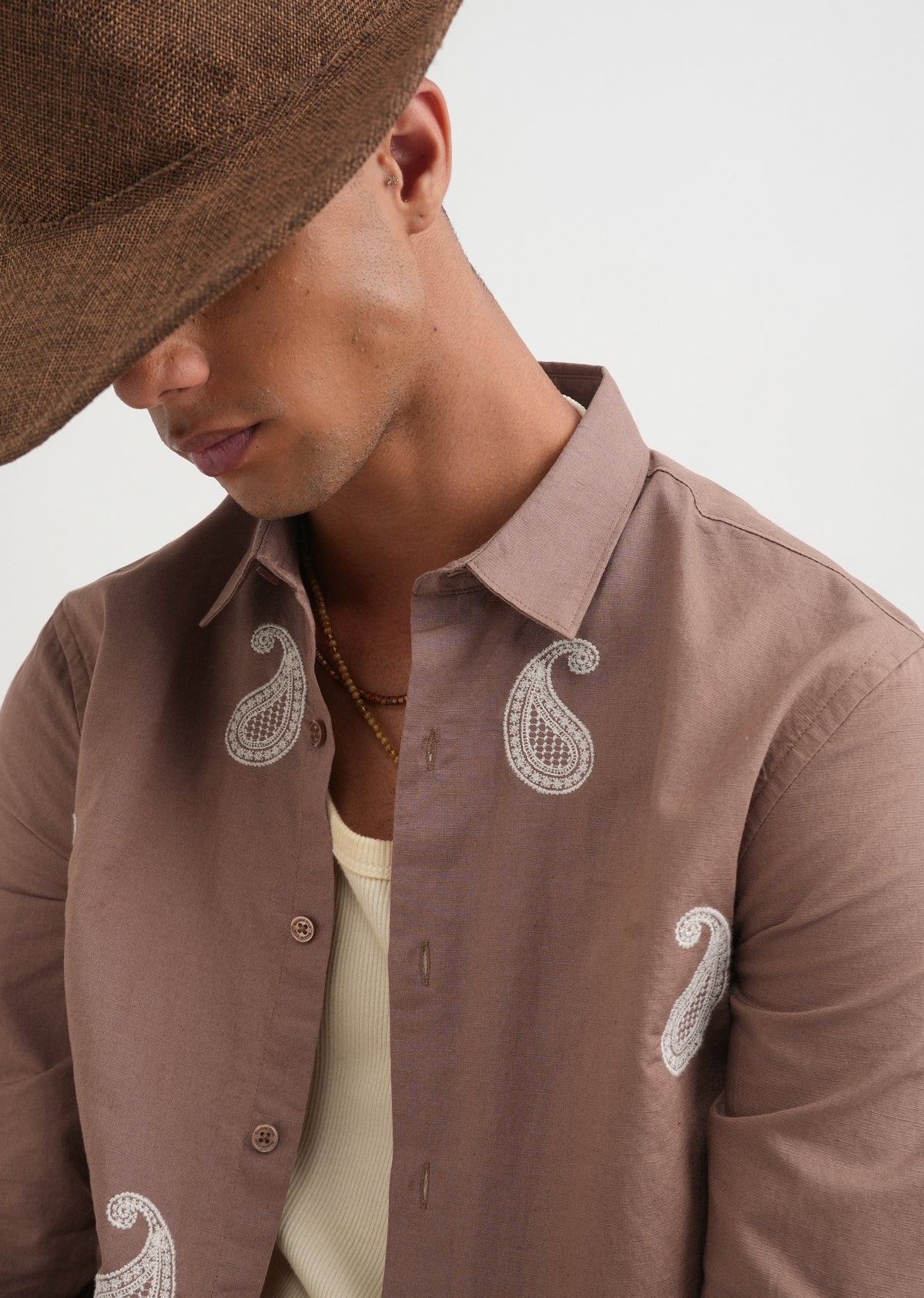 Brown Paisley Embroidery Shirt