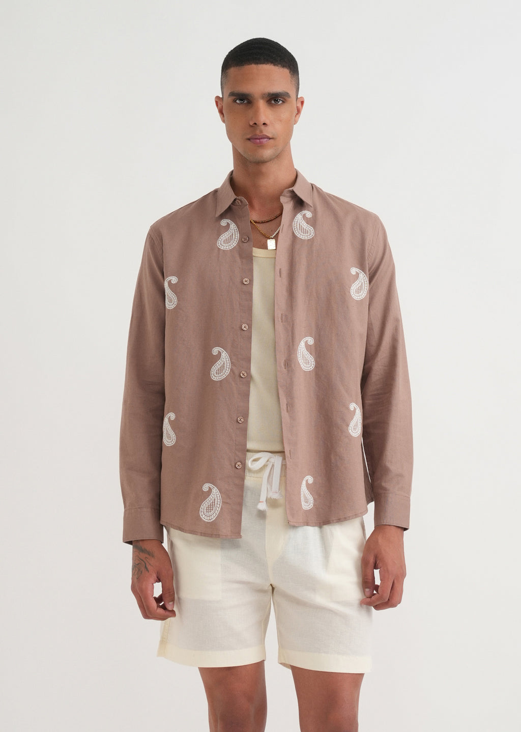 Brown Paisley Embroidery Shirt