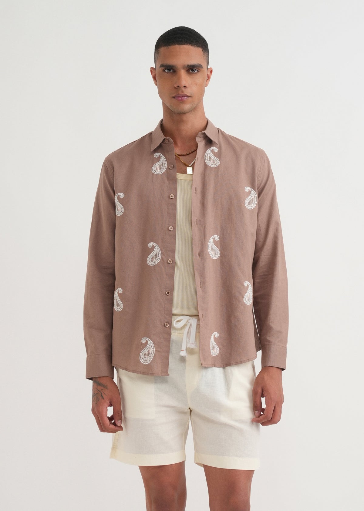 Brown Paisley Embroidery Shirt