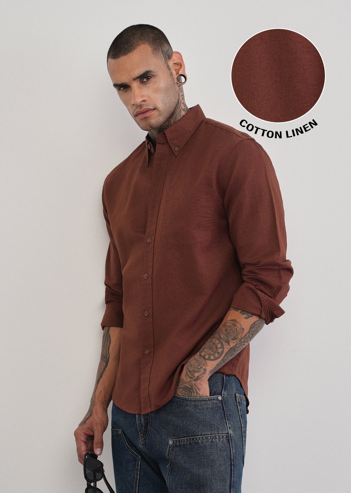 Burnt Maroon Cotton Linen Plain Shirt