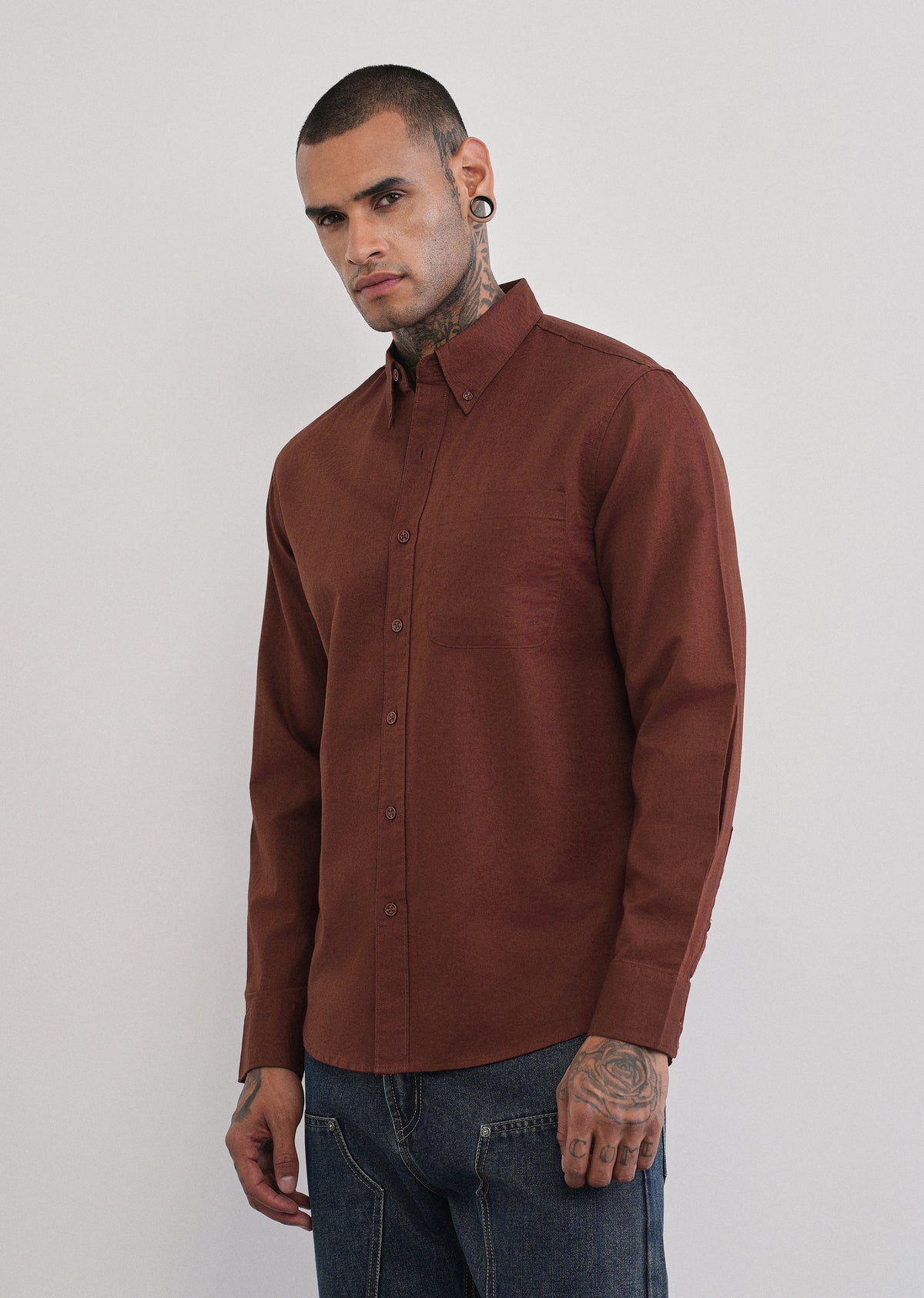 Burnt Maroon Cotton Linen Plain Shirt