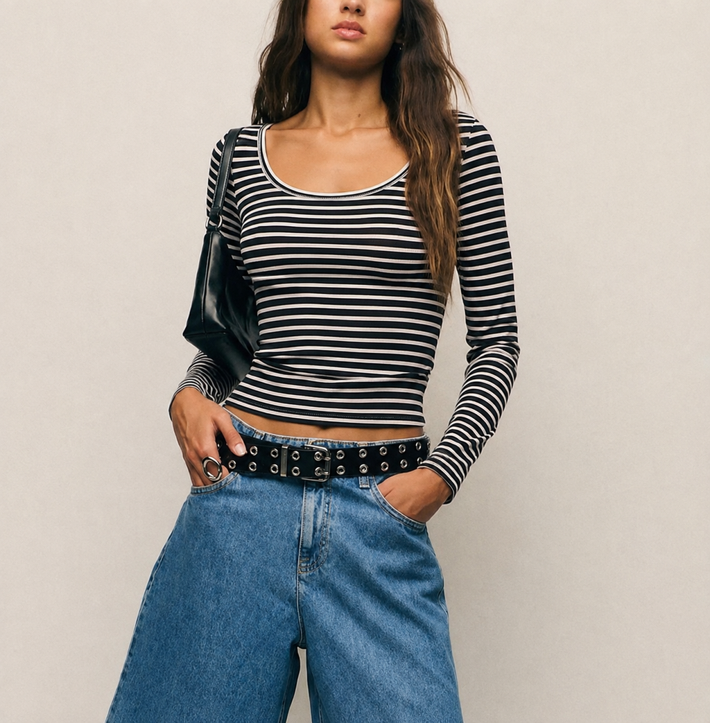 Basic Stripe Long Sleeve Fitted Tee