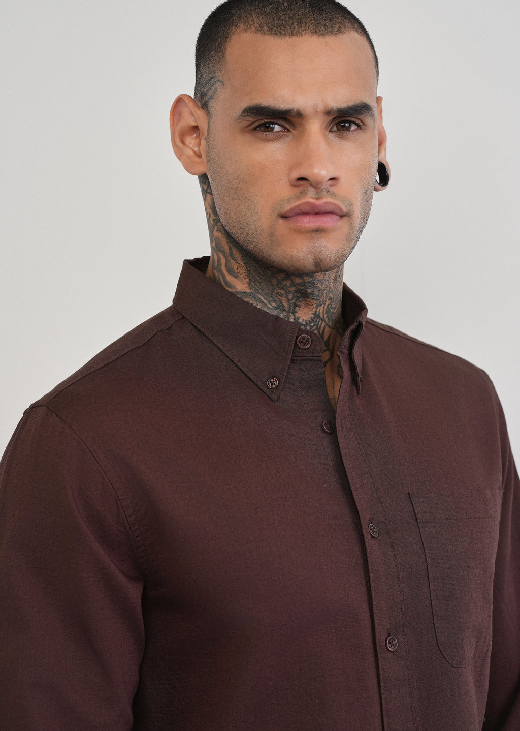 Coffee Brown Cotton Linen Plain Shirt