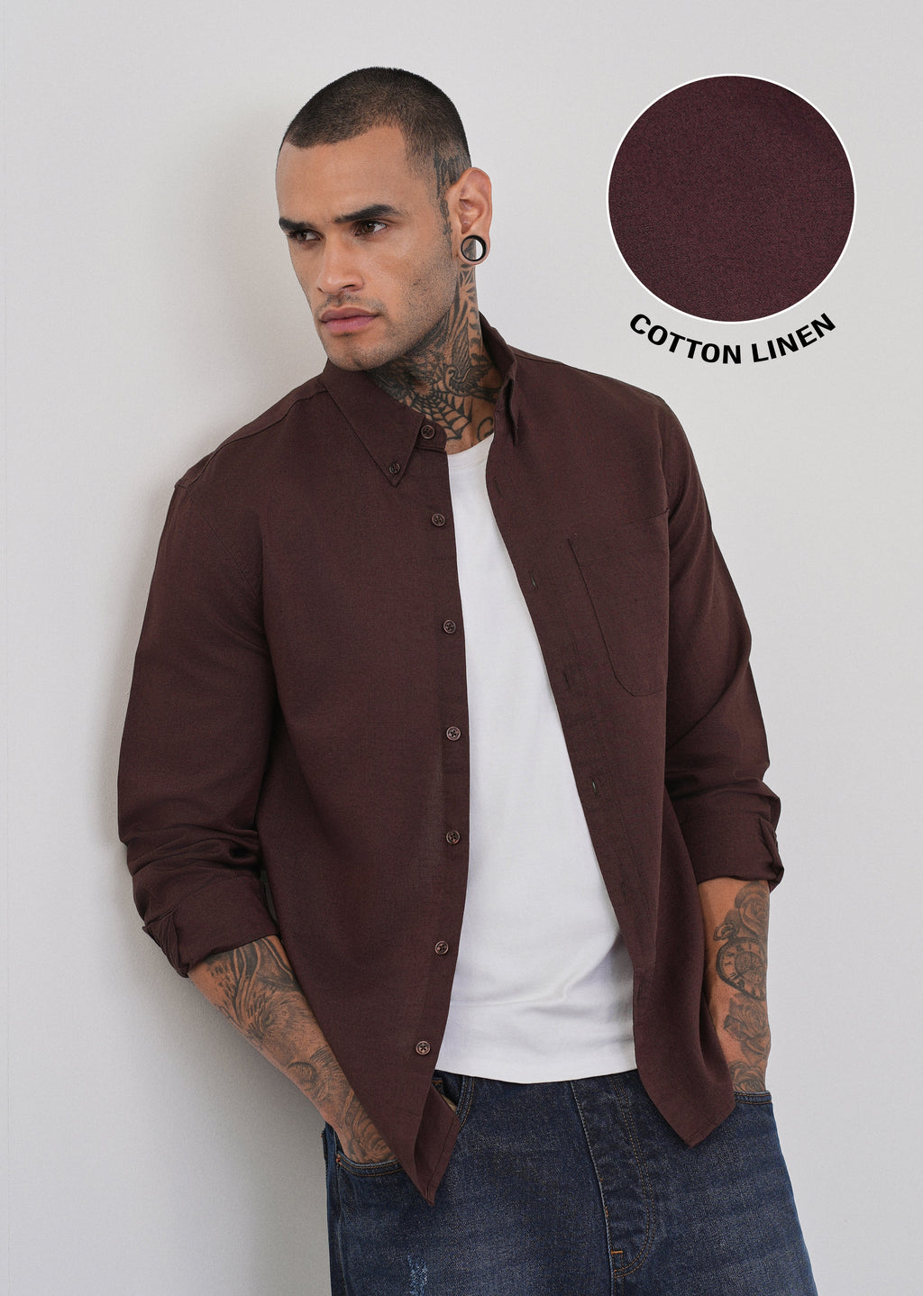 Coffee Brown Cotton Linen Plain Shirt