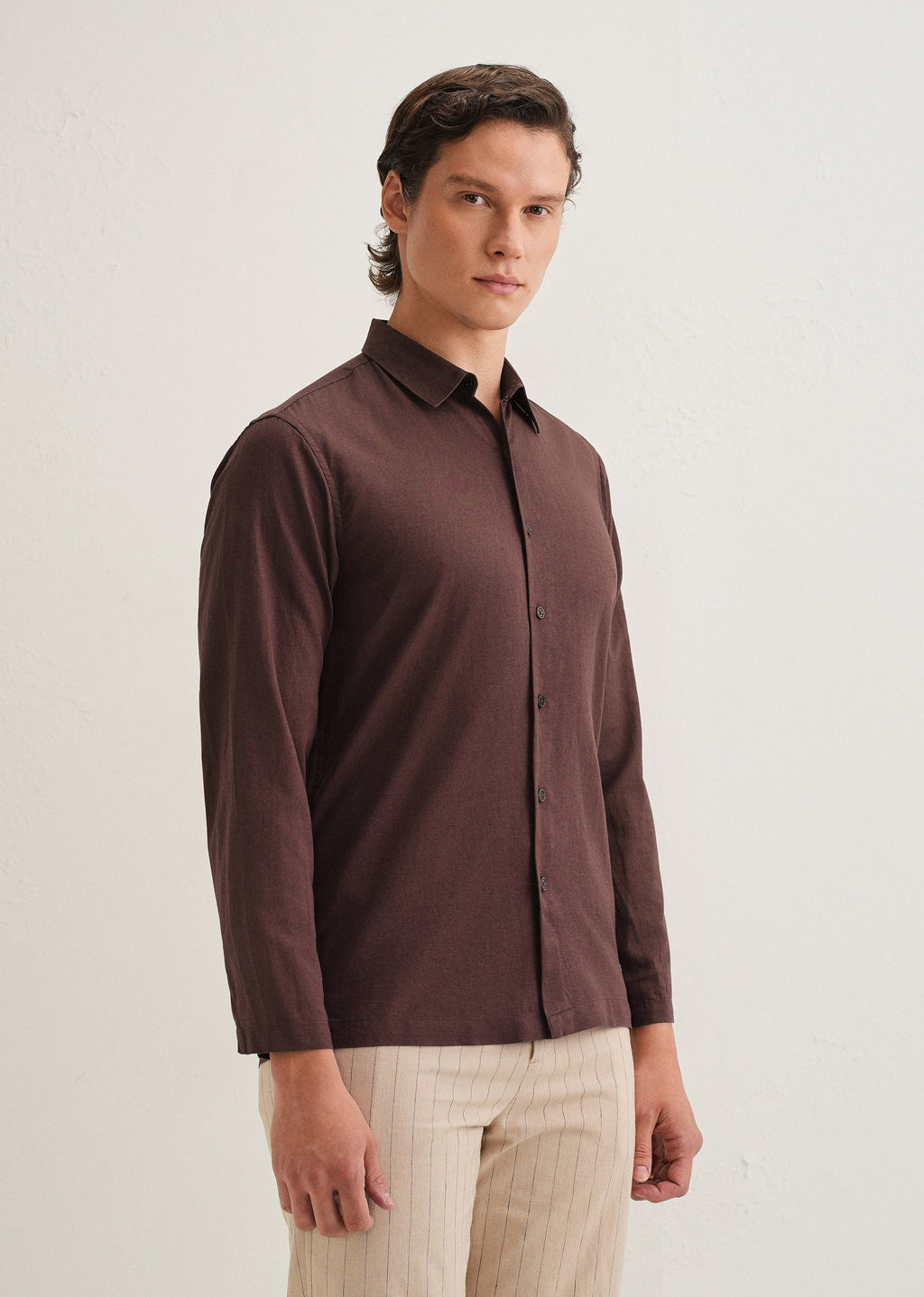 Coffee Brown Hidden Sleeve Placket Cotton Linen Shirt