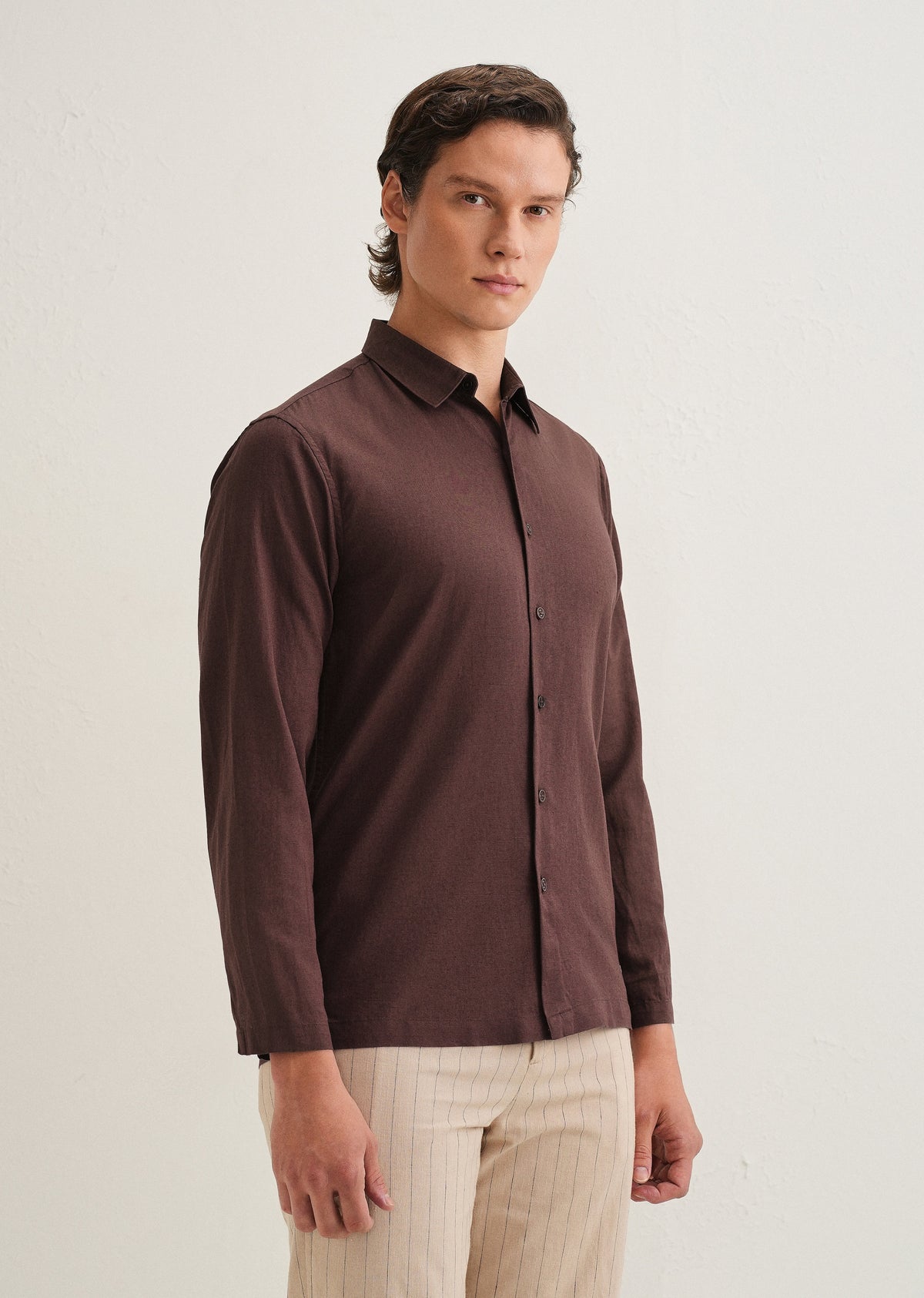 Coffee Brown Hidden Sleeve Placket Cotton Linen Shirt