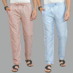 Combo of 2 Cotton Stripe Men Pant Sky Blue and Navy Blue-44425 STR1