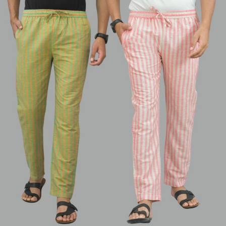 Combo of 2 Cotton Stripe Men Pant Olive Green and Pink-45113 STR1