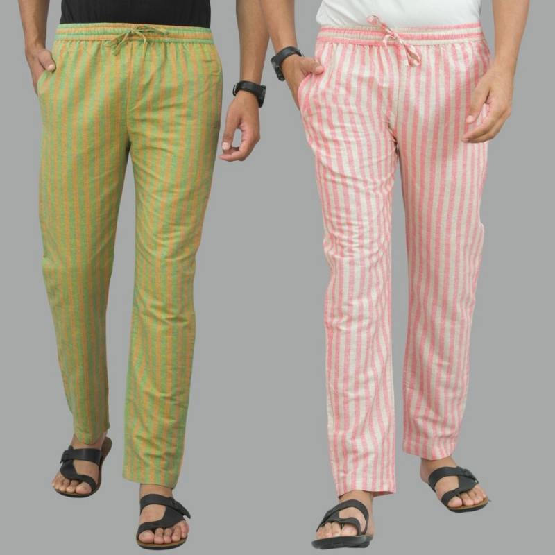Combo of 2 Cotton Stripe Men Pant Olive Green and Pink-45113 STR1