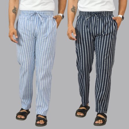 Combo of 2 Cotton Stripe Men Pant Sky Blue and Navy Blue-44425 STR1