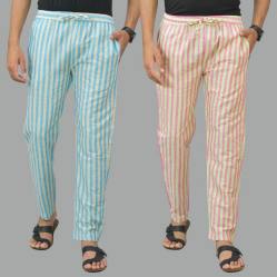 Combo of 2 Cotton Stripe Men Pant Olive Green and Pink-45113 STR1
