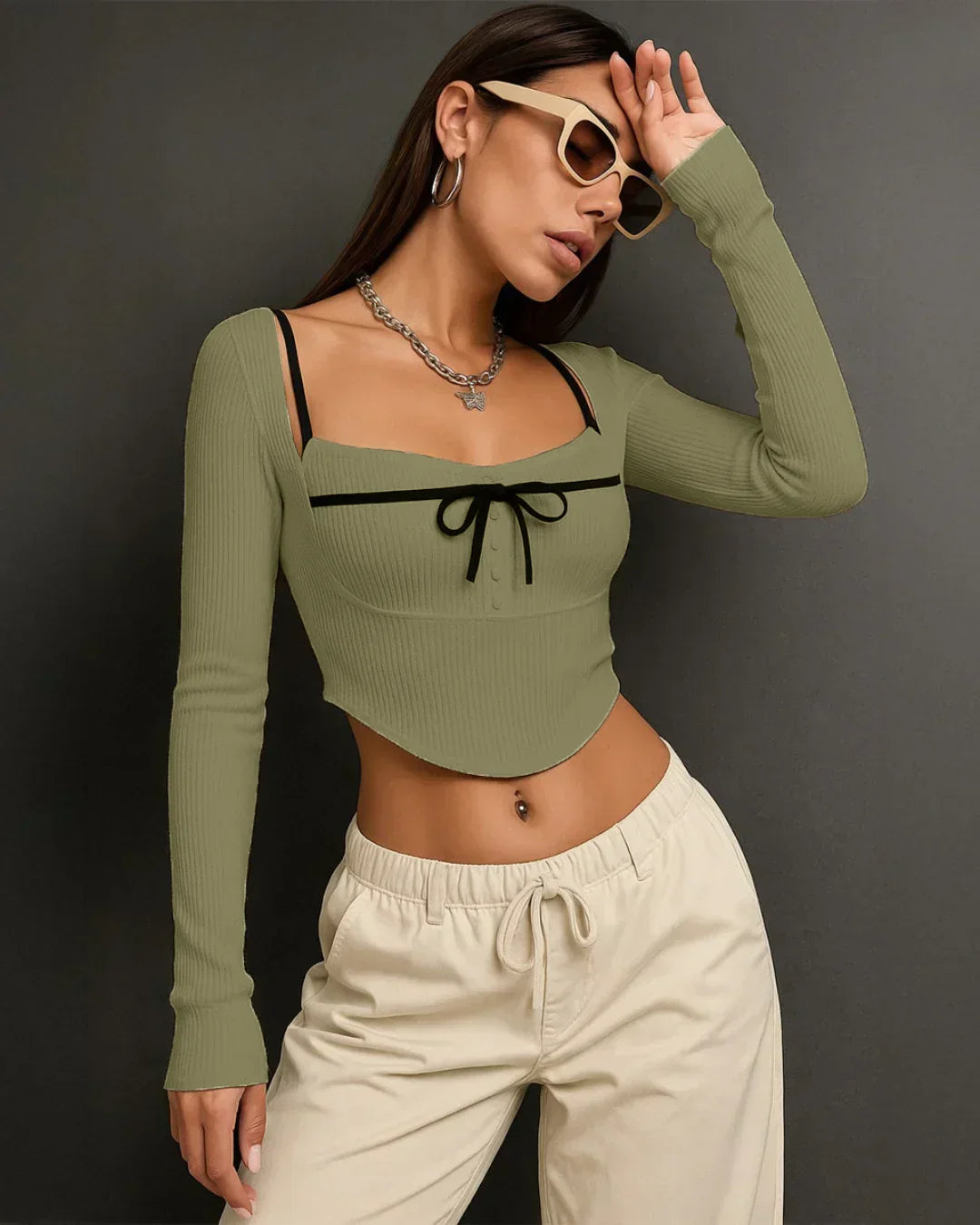 XS Contrast Trim Long Sleeve Sage and Black Top CT98