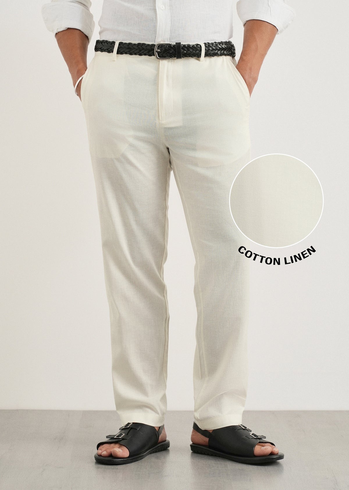 Cream Cotton Linen Regular Fit Pant