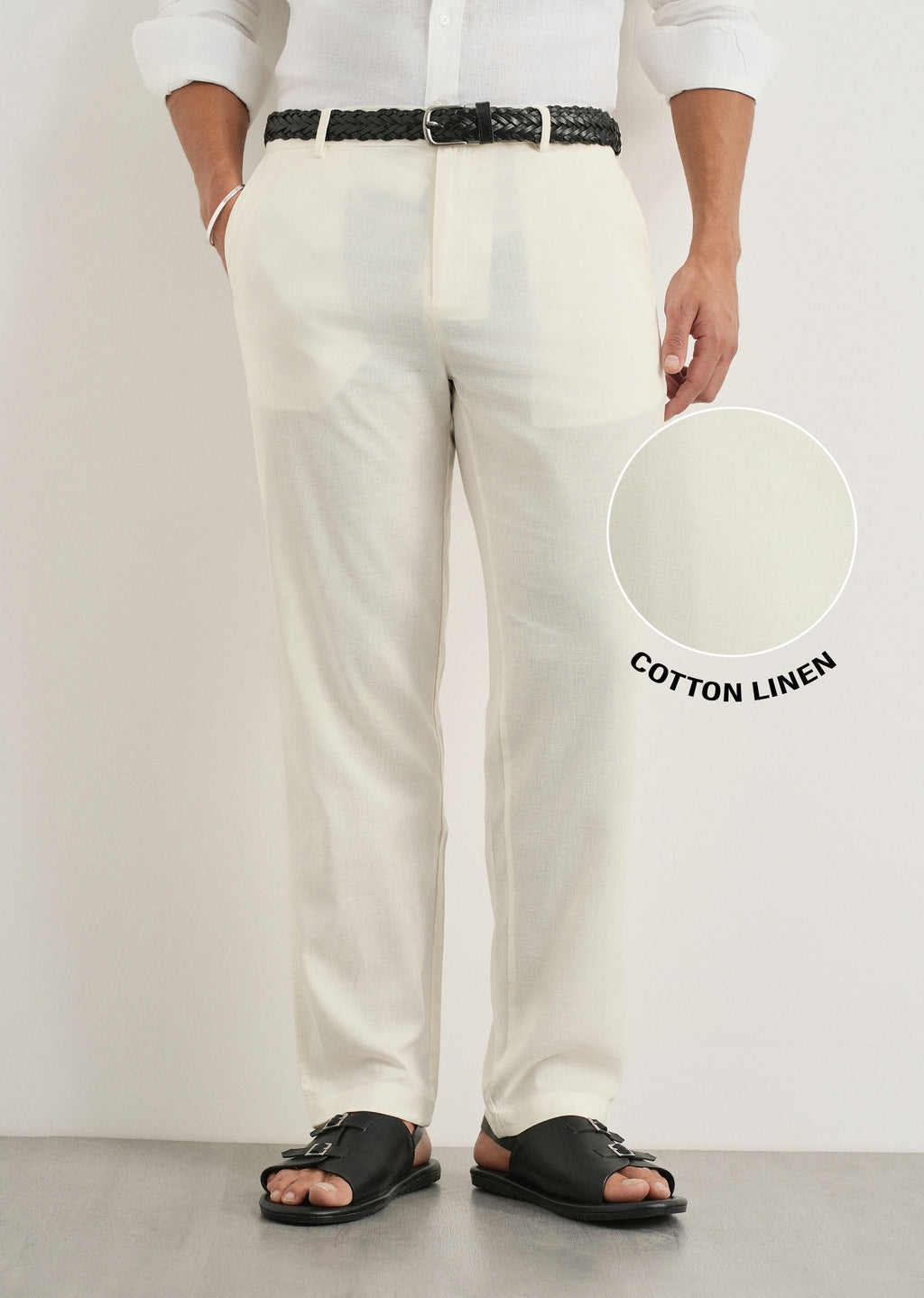 Cream Cotton Linen Regular Fit Pant