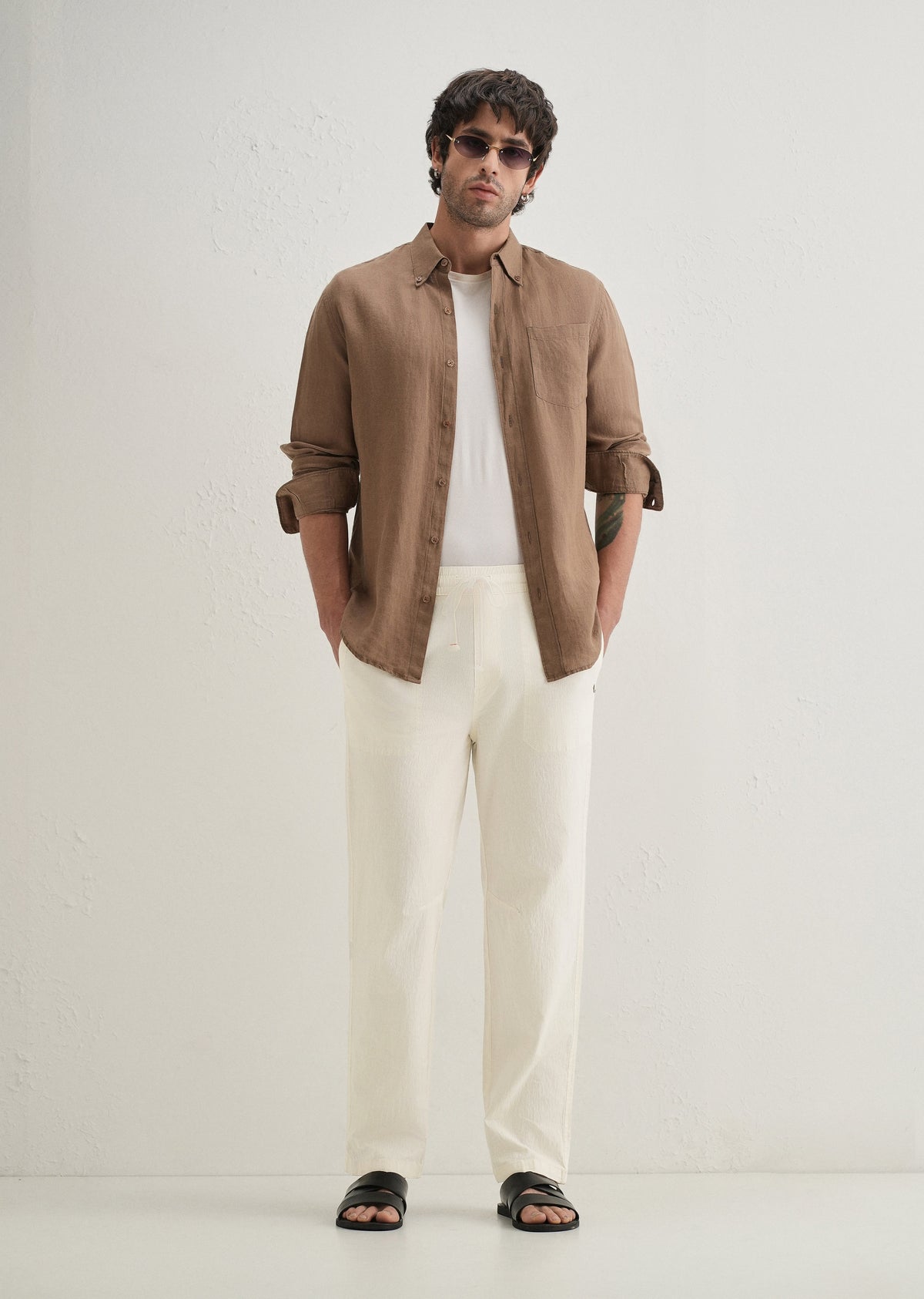 Cream Drawstring Cotton Linen Pant