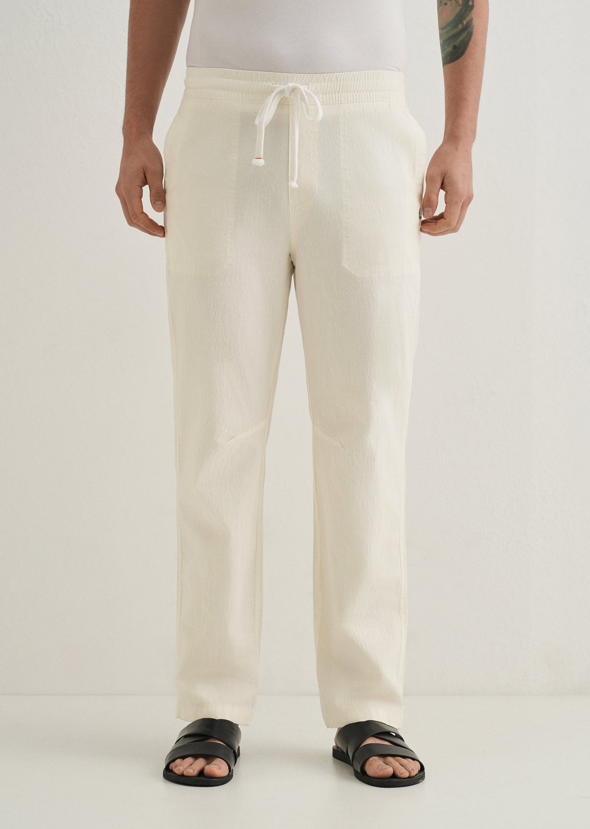 Cream Drawstring Cotton Linen Pant