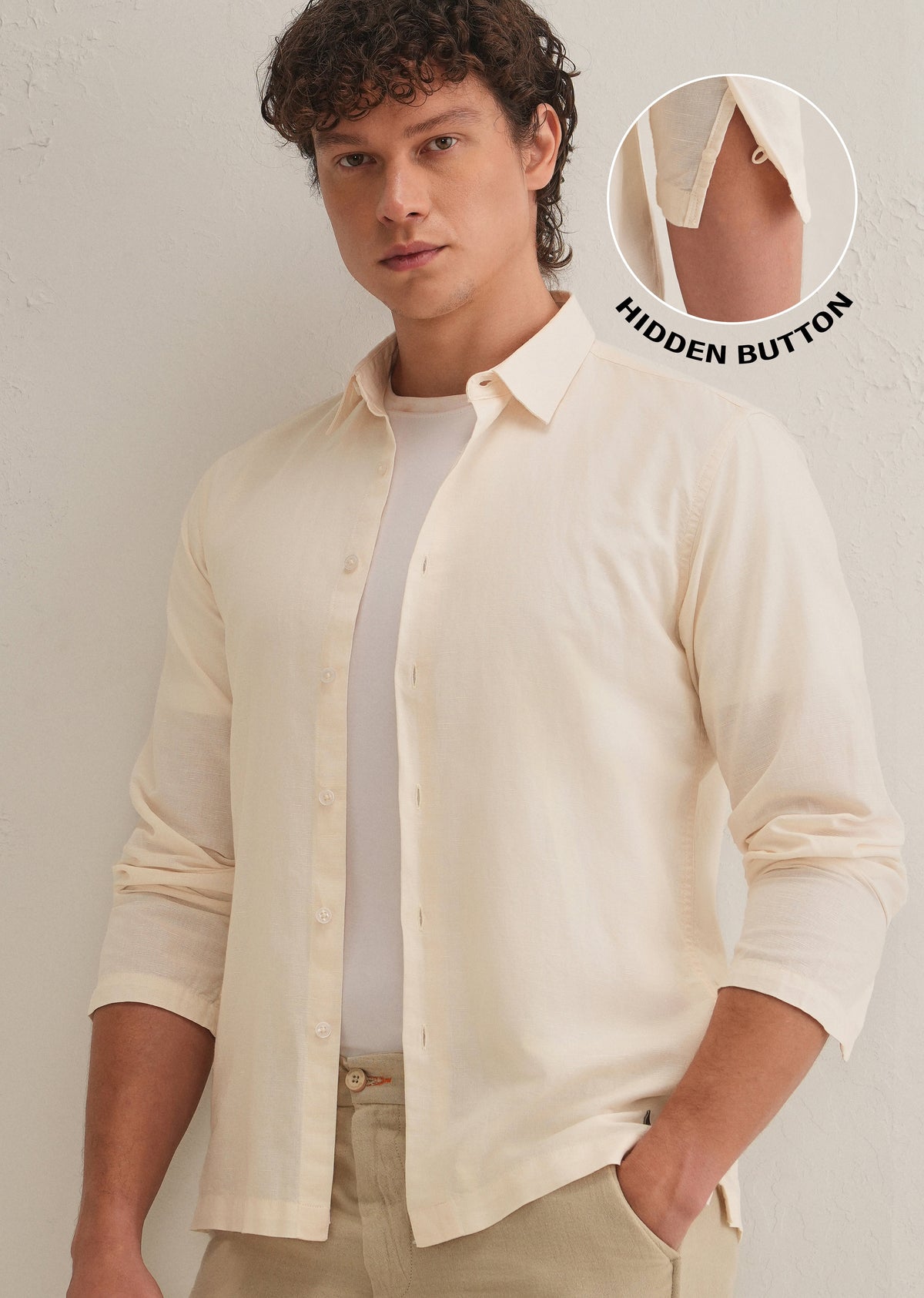 Cream Hidden Sleeve Placket Cotton Linen Shirt