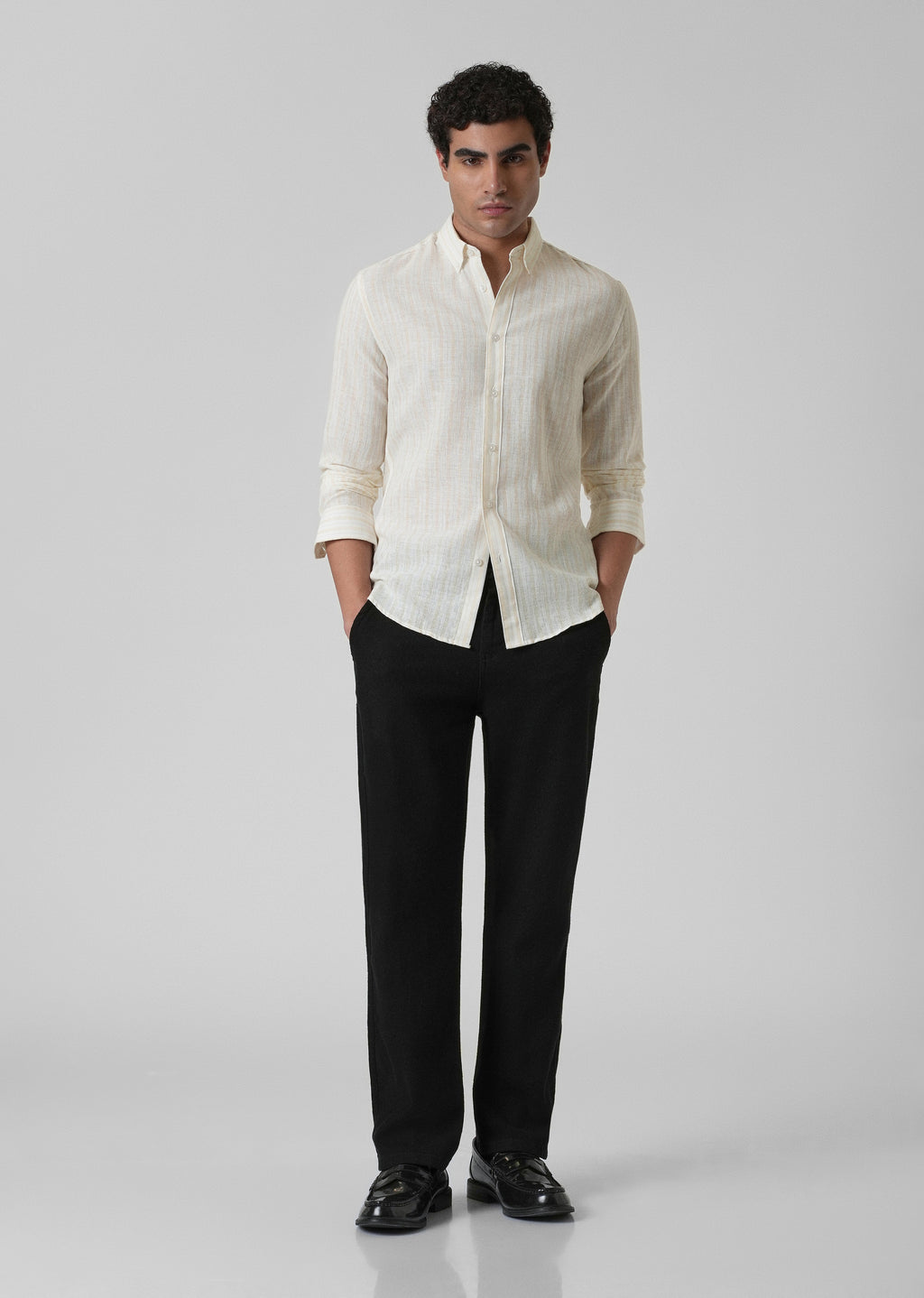 Cream Yellow Cotton Blend Stripe Shirt