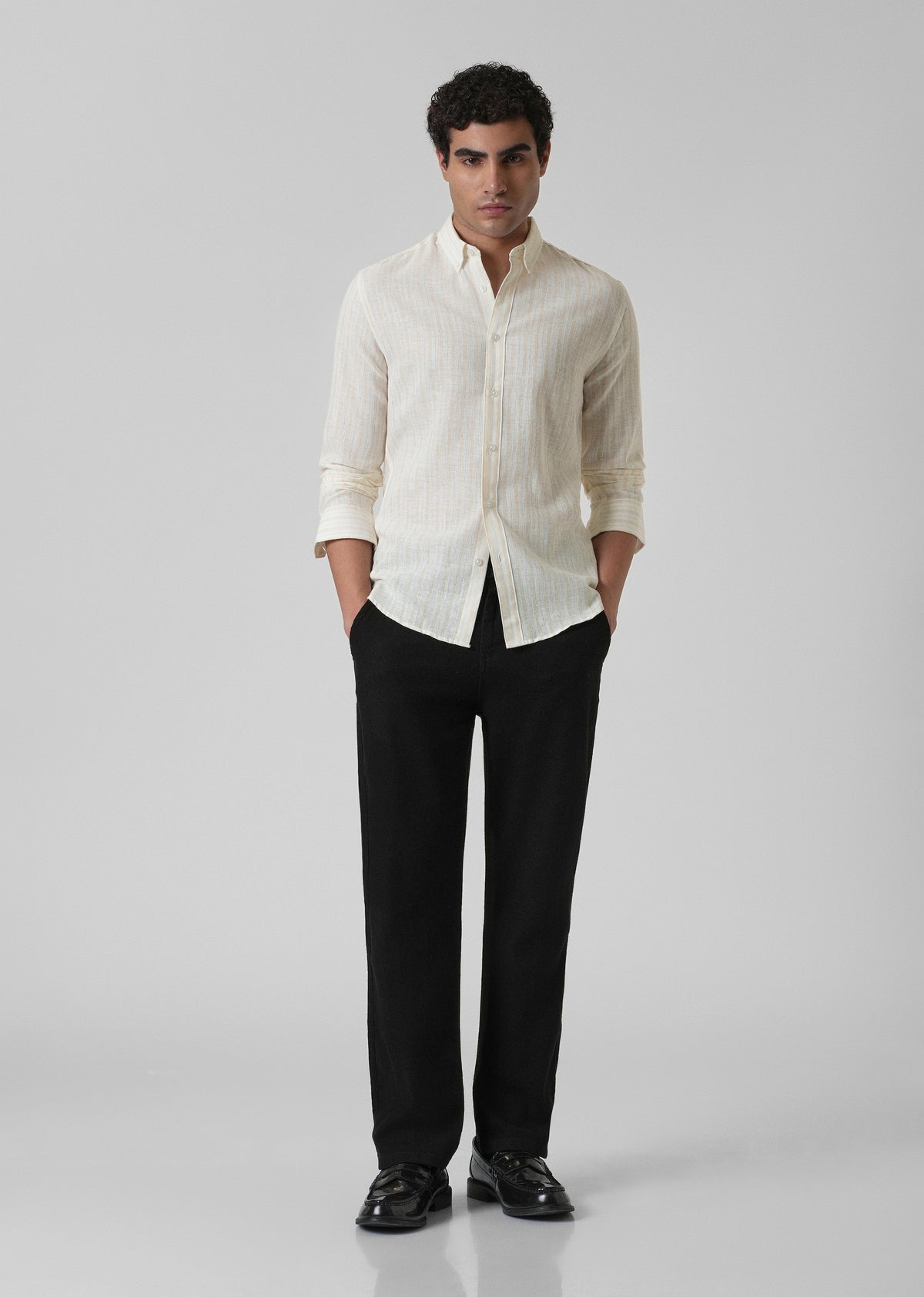 Cream Yellow Cotton Blend Stripe Shirt