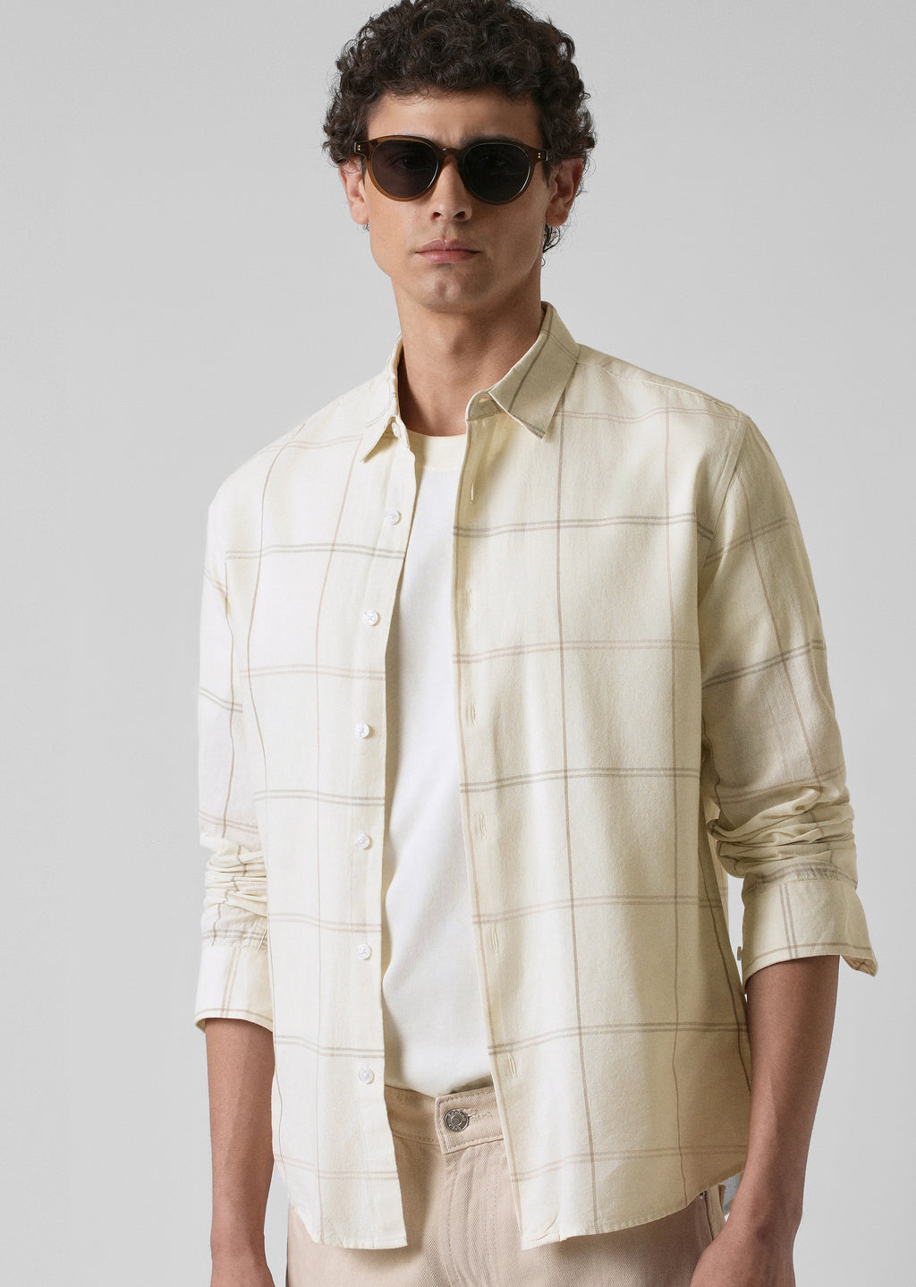 Cream Blended Linen Check Shirt
