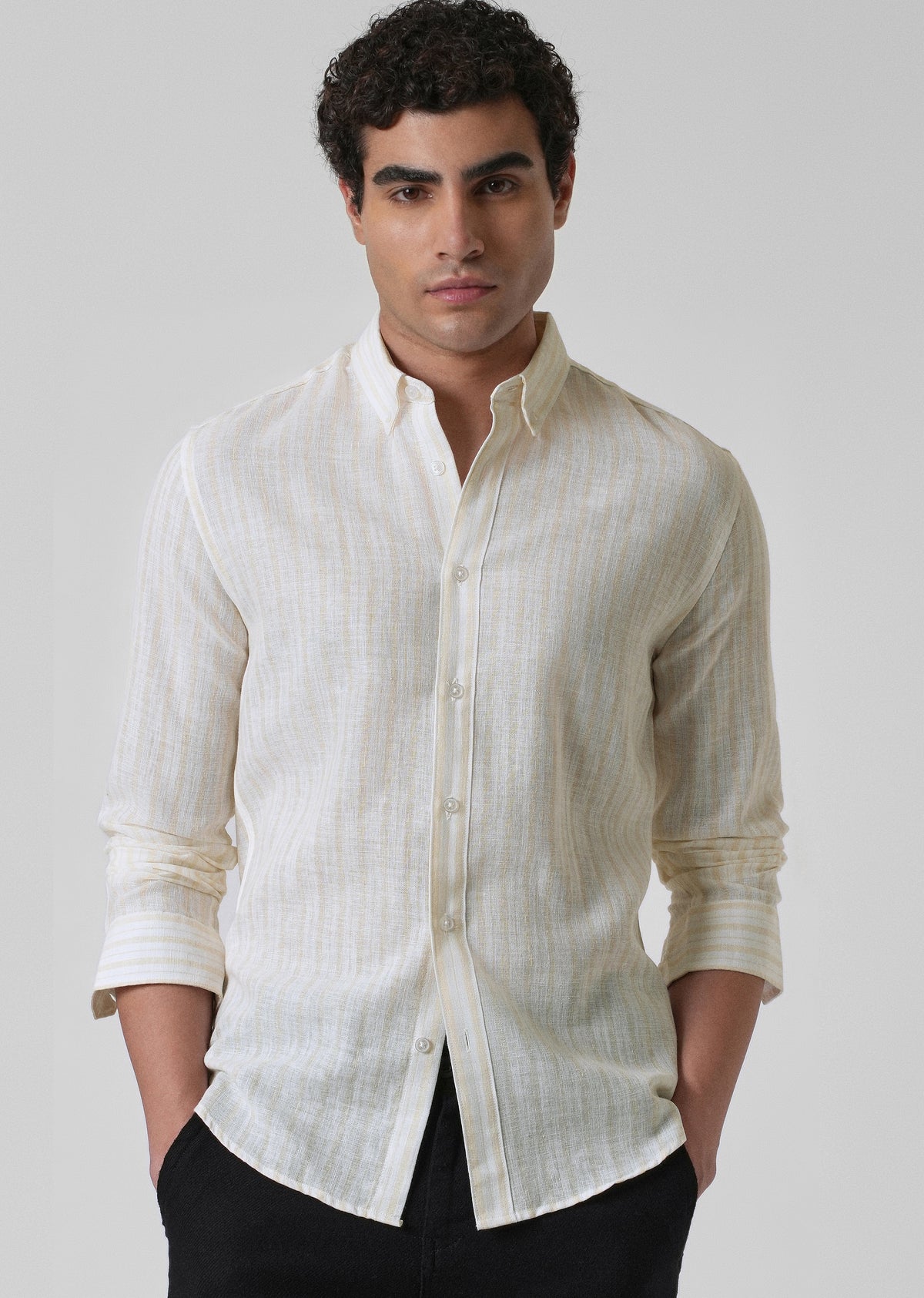 Cream Yellow Cotton Blend Stripe Shirt