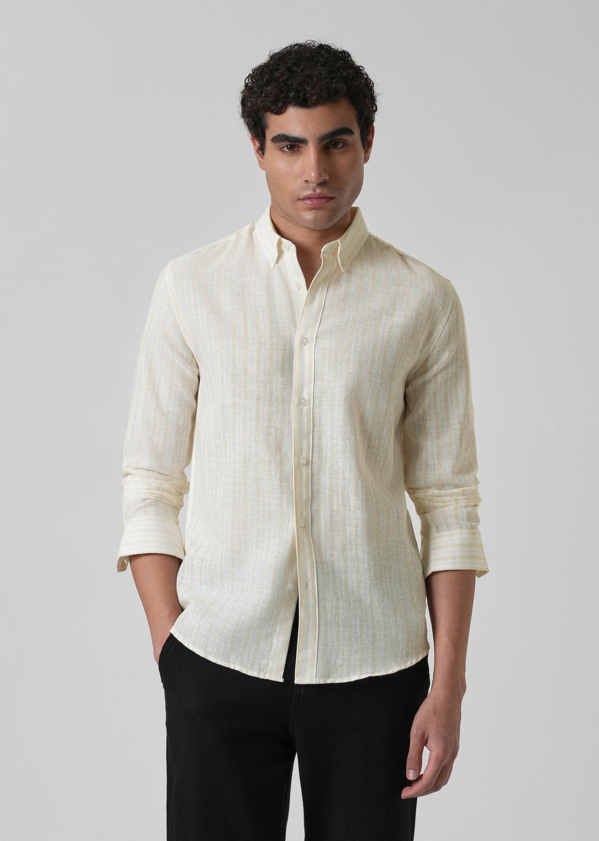 Cream Yellow Cotton Blend Stripe Shirt