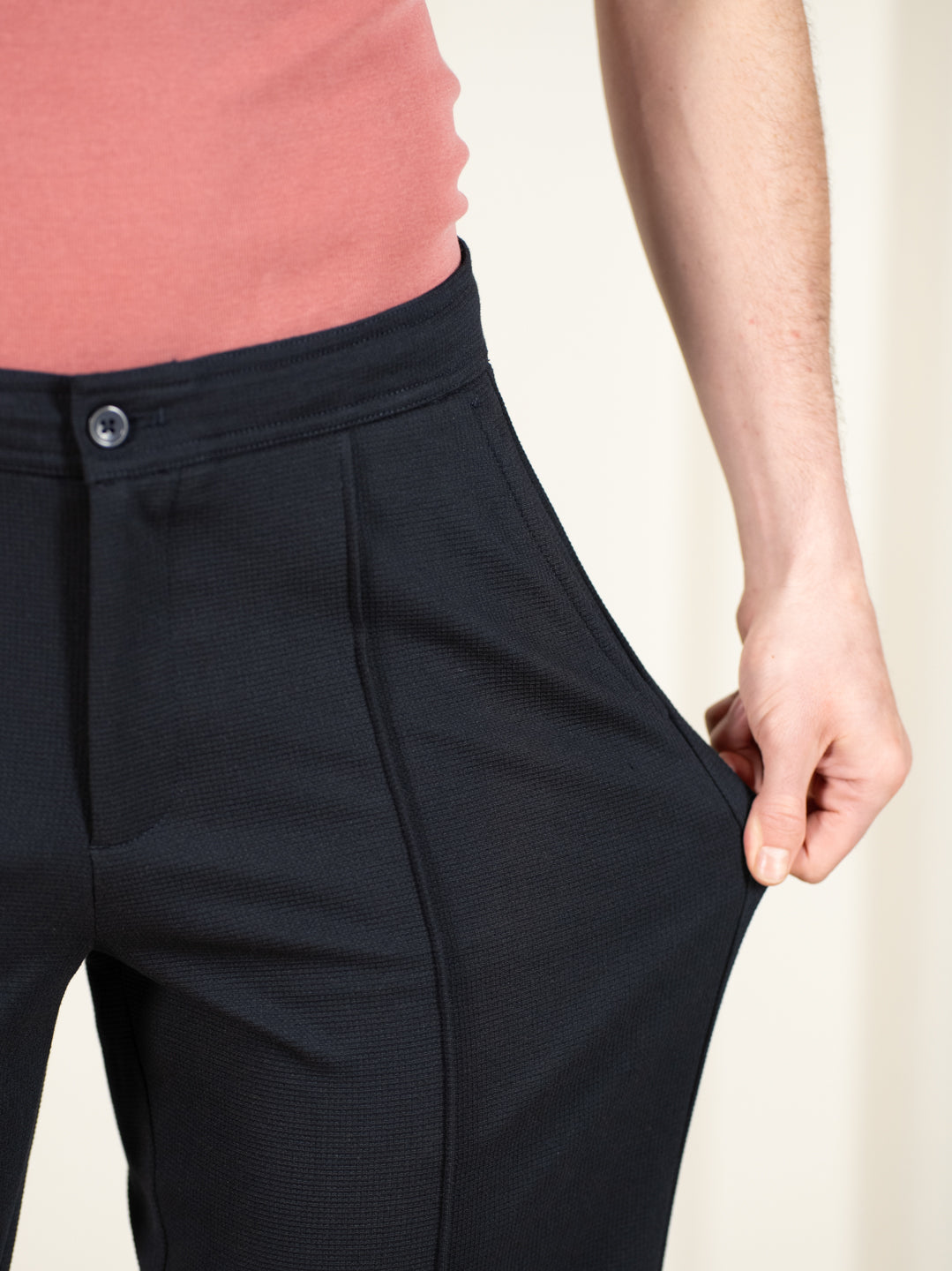 Brooke Navy Relaxed Fit Power Stretch Korean Pintuck Pants