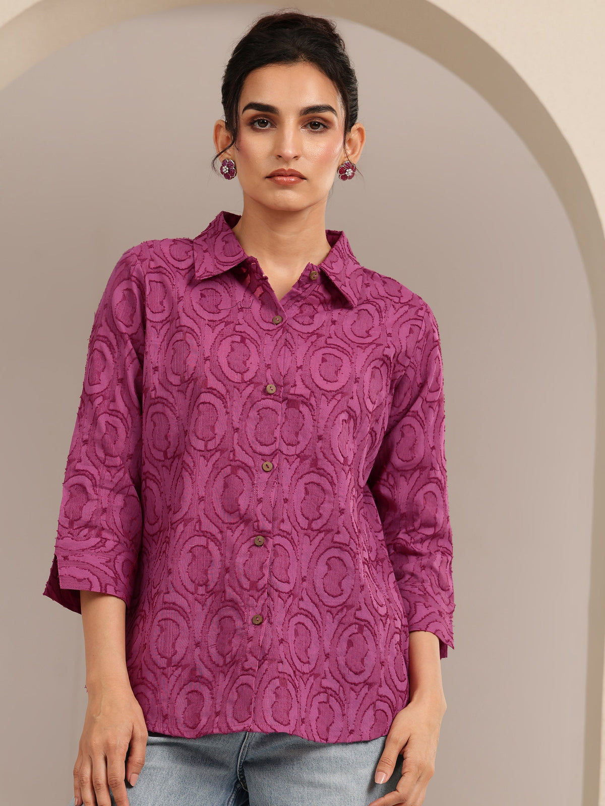 Libas Dark Pink Textured Cotton Shirt